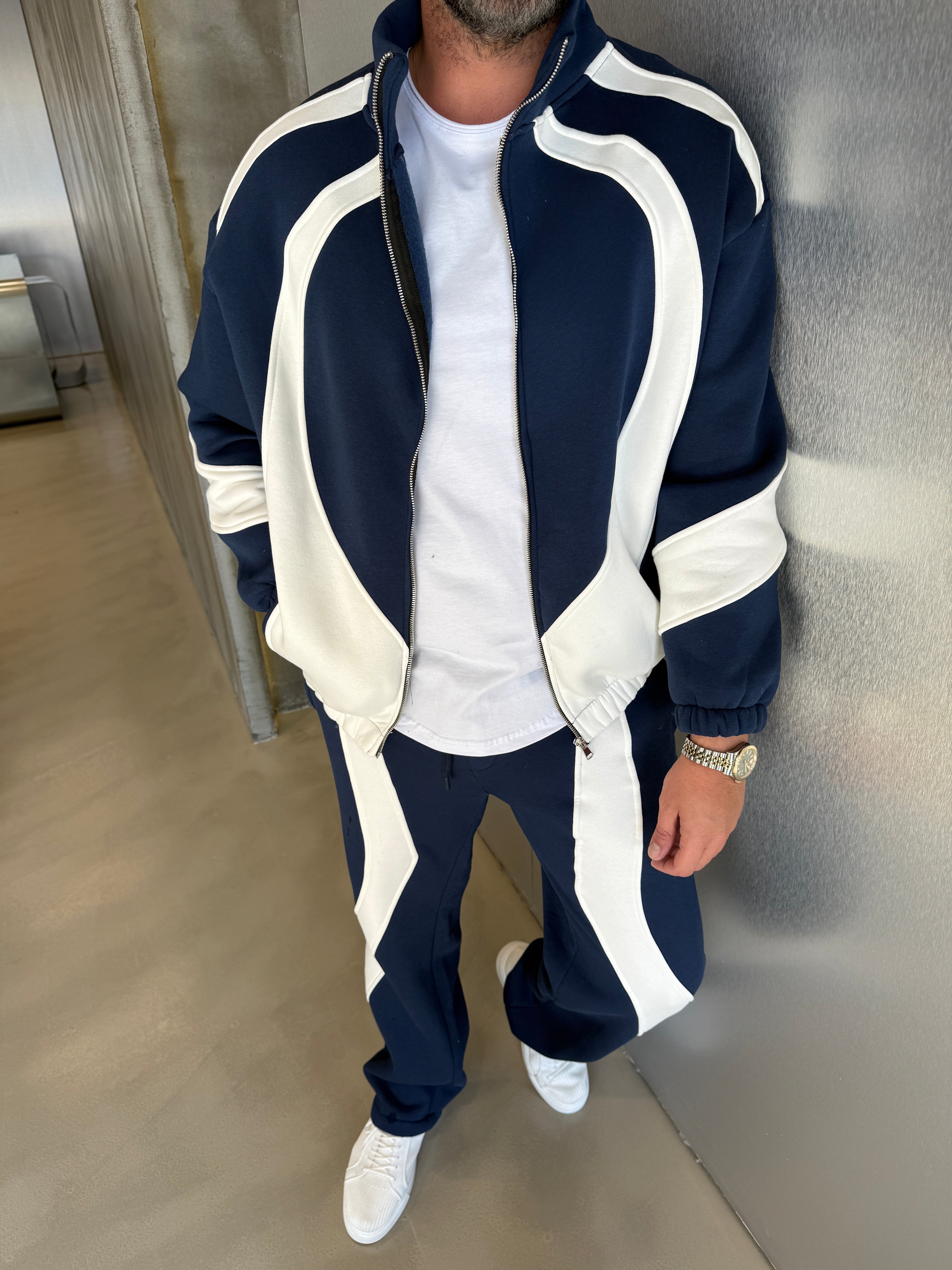 Mavi Asimetrik Detaylı 3 İplik Şardonlu Takım