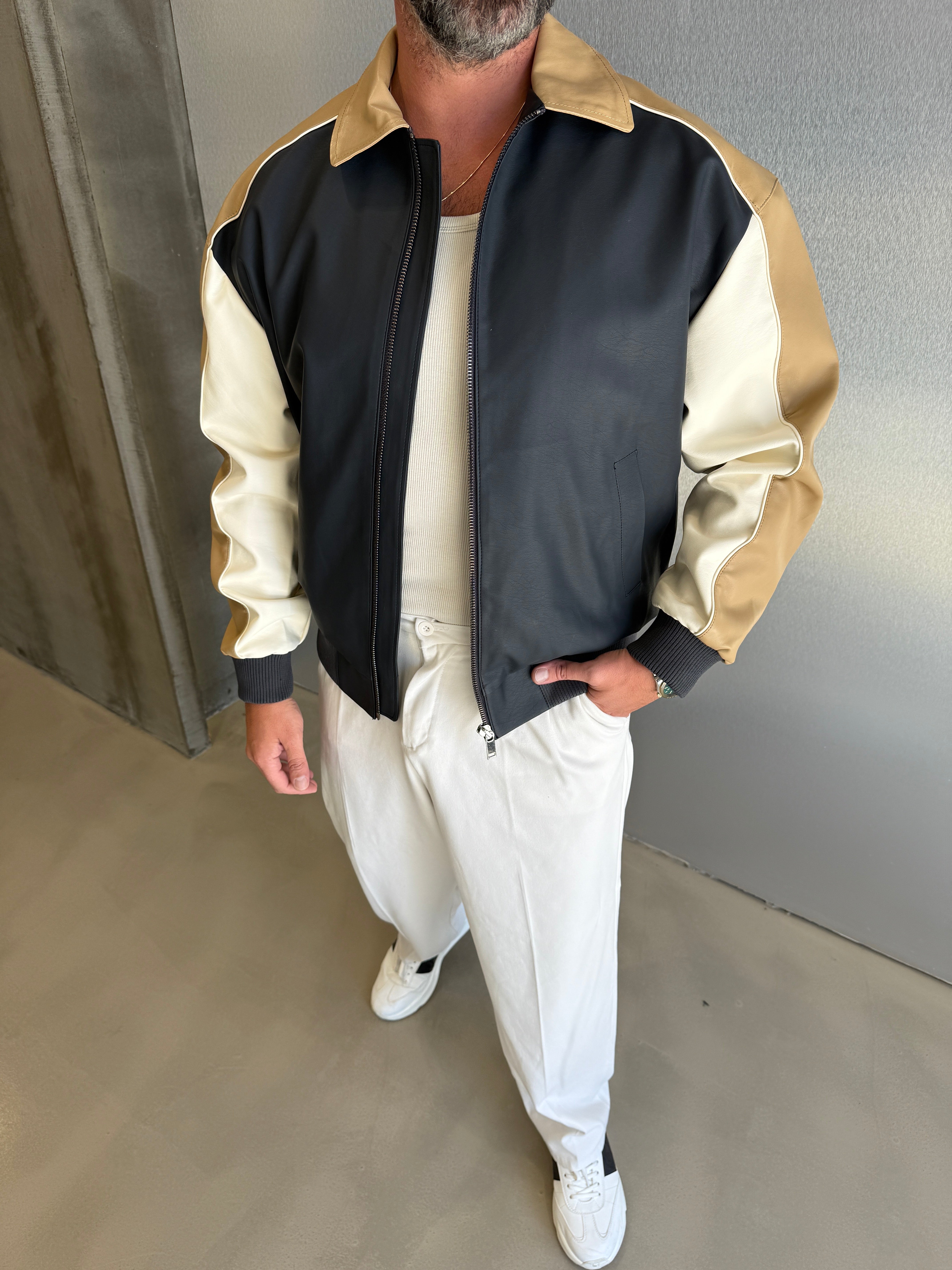 Lacivert Parçalı Premium Deri Ceket