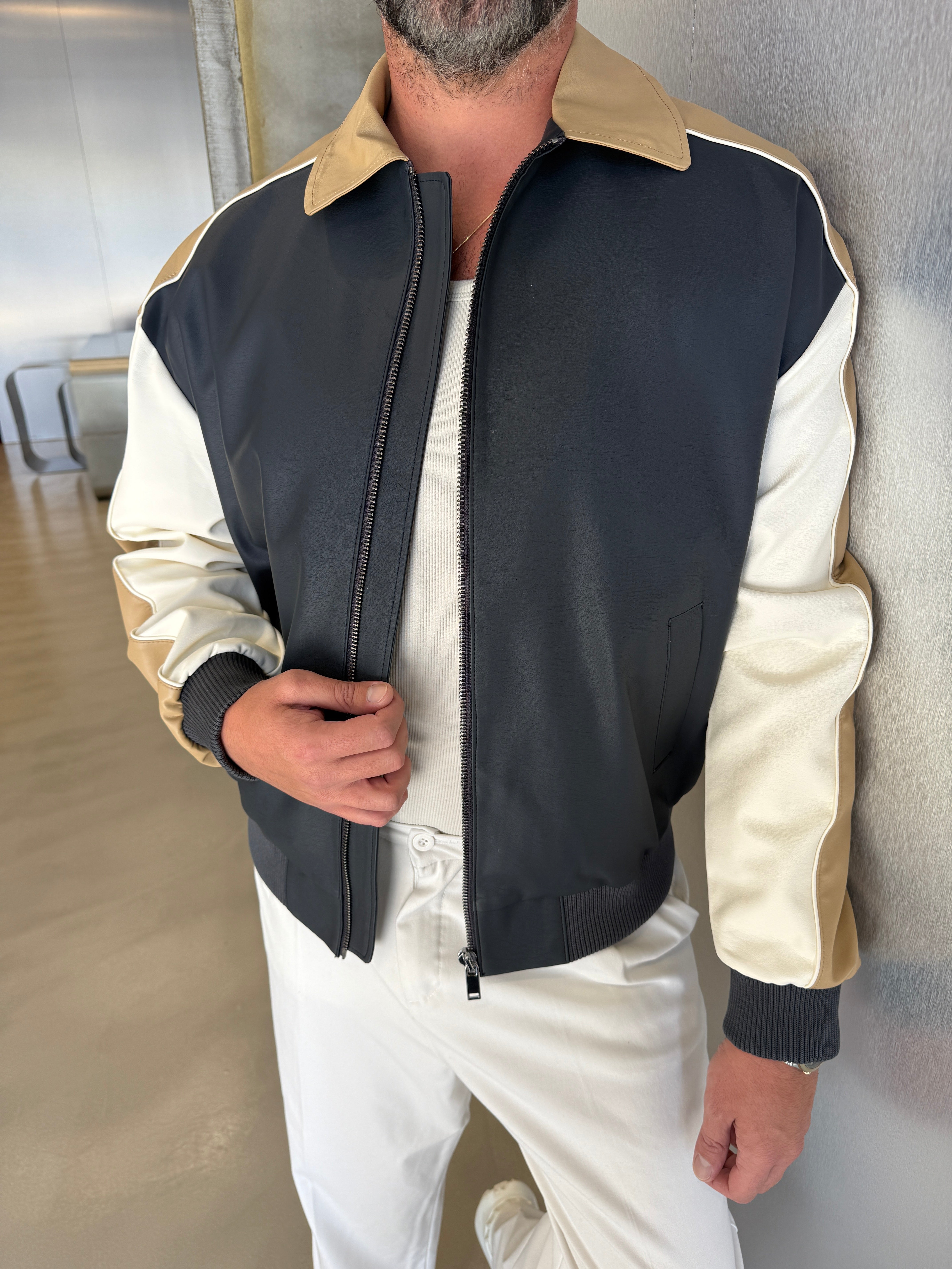 Lacivert Parçalı Premium Deri Ceket