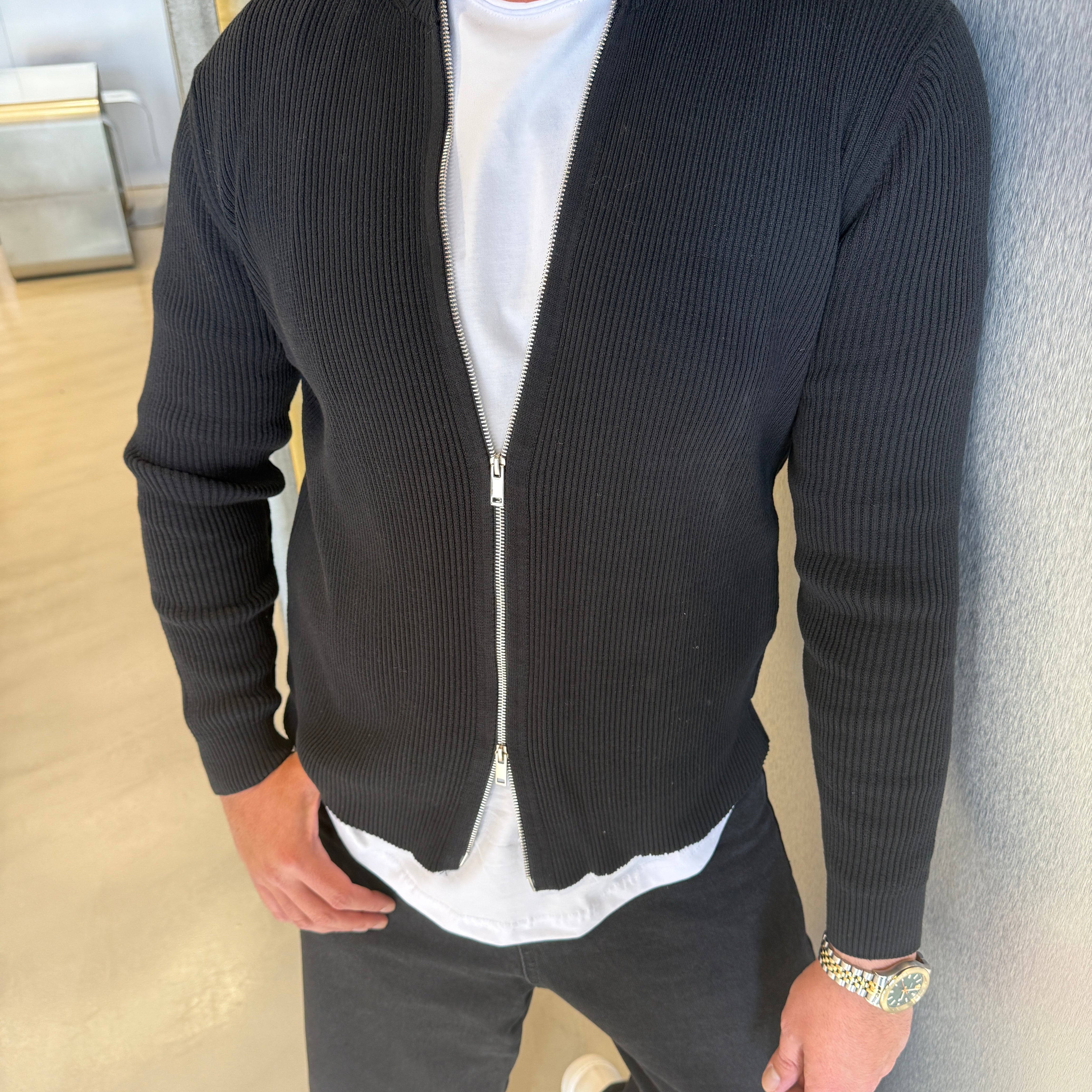 Siyah Çift Fermuar Hırka