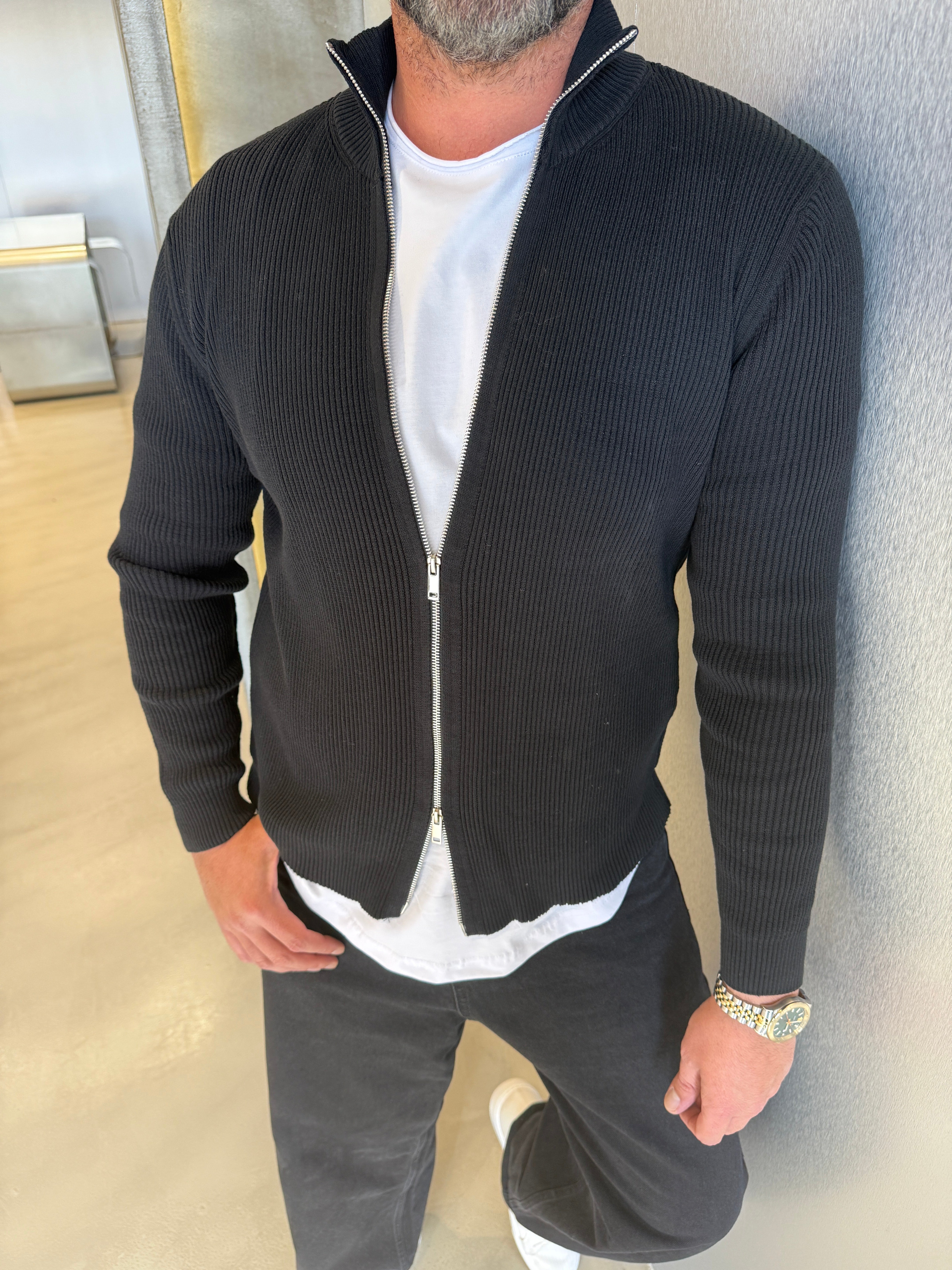 Siyah Çift Fermuar Hırka