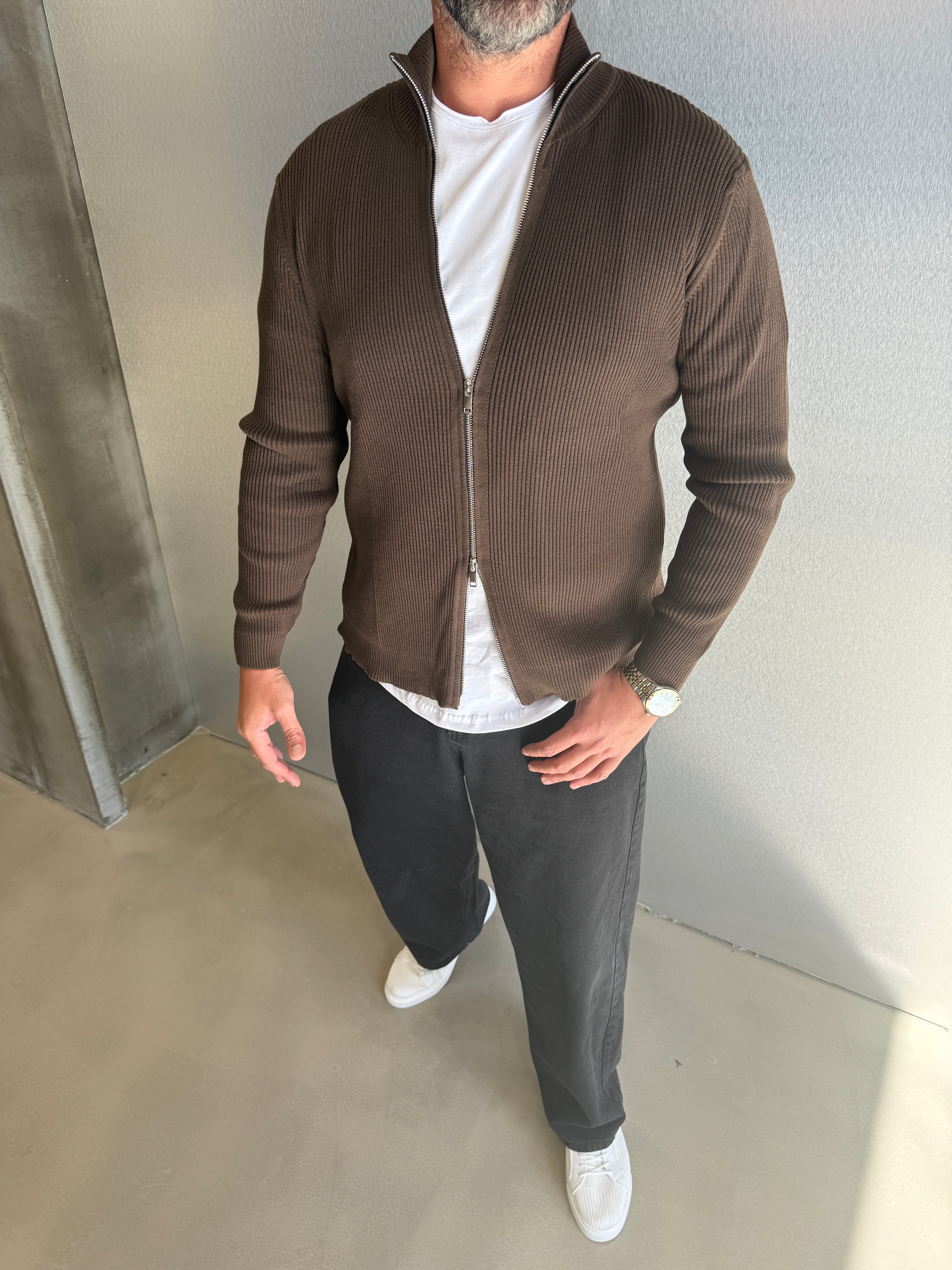 Kahve Çift Fermuar Hırka