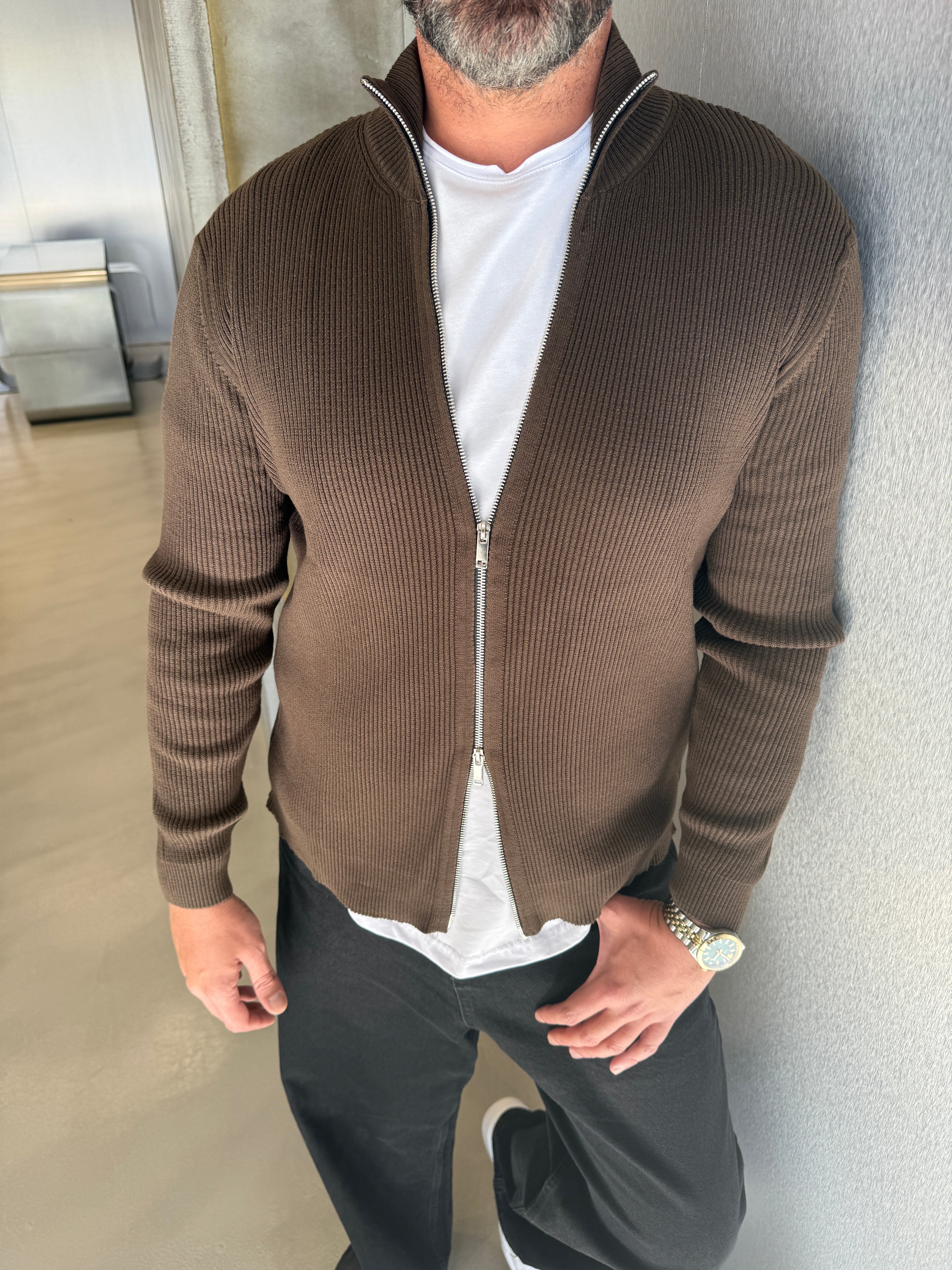 Kahve Çift Fermuar Hırka