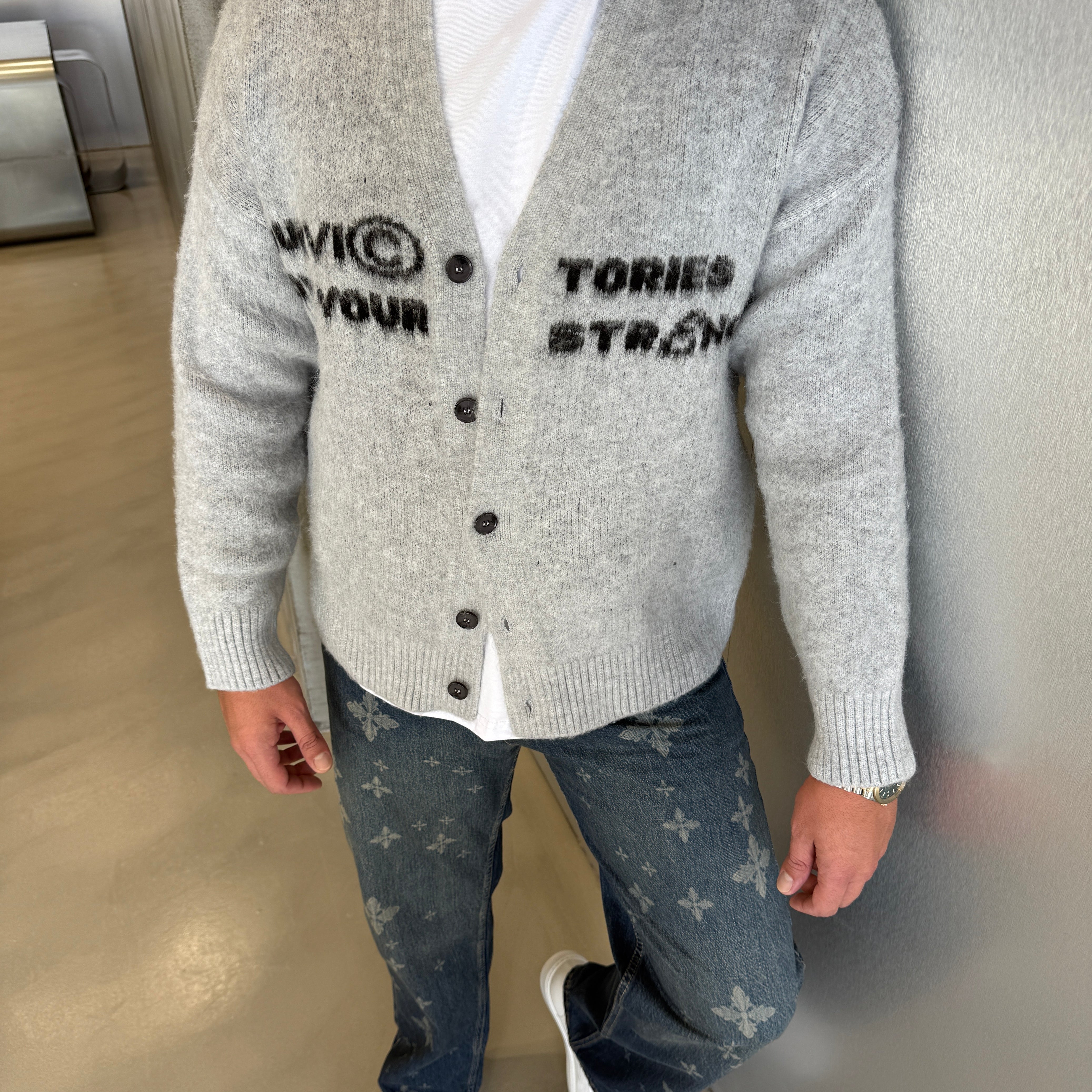 Lacivert Yazı Detaylı Sakallı Kumaş Hırka