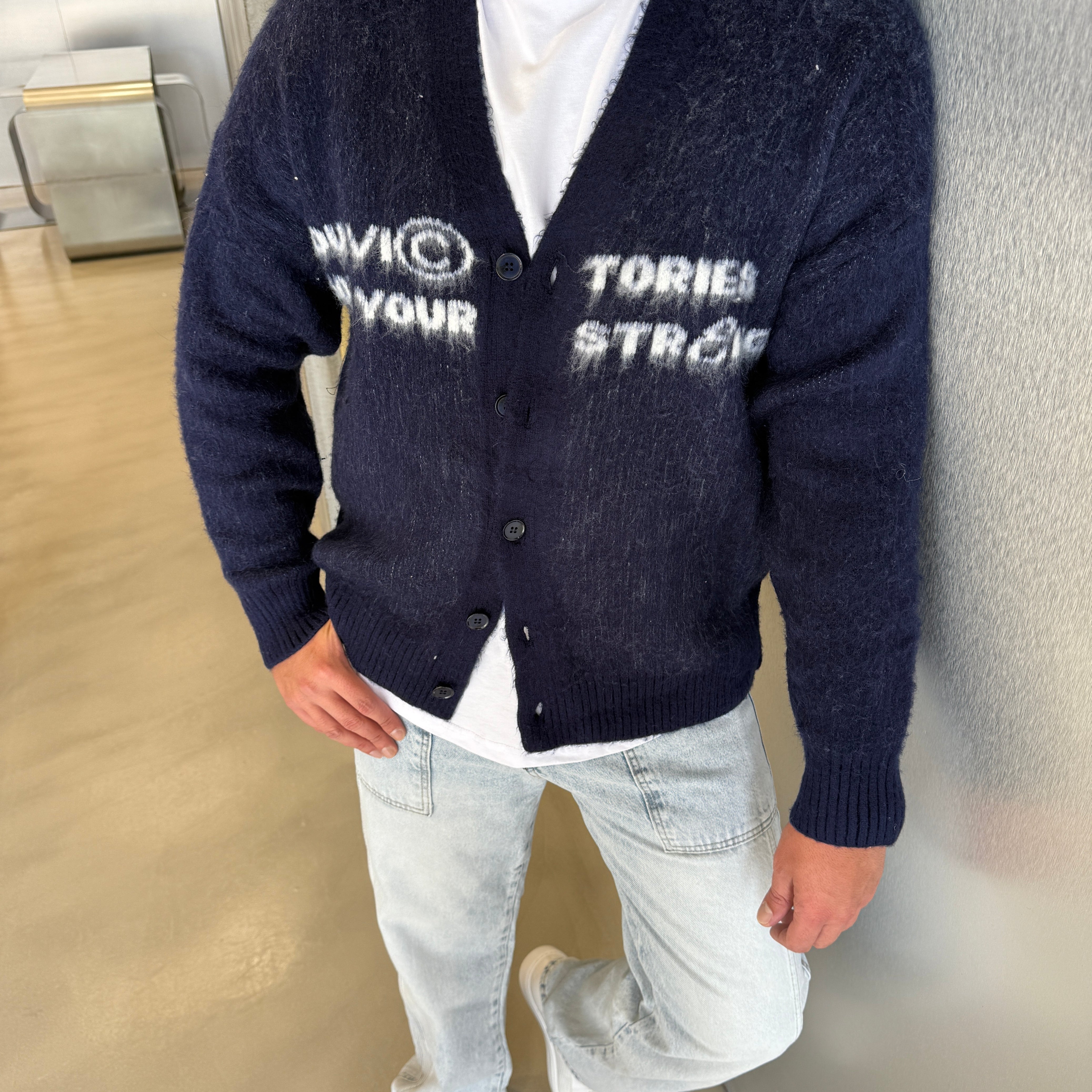 Lacivert Yazı Detaylı Sakallı Kumaş Hırka