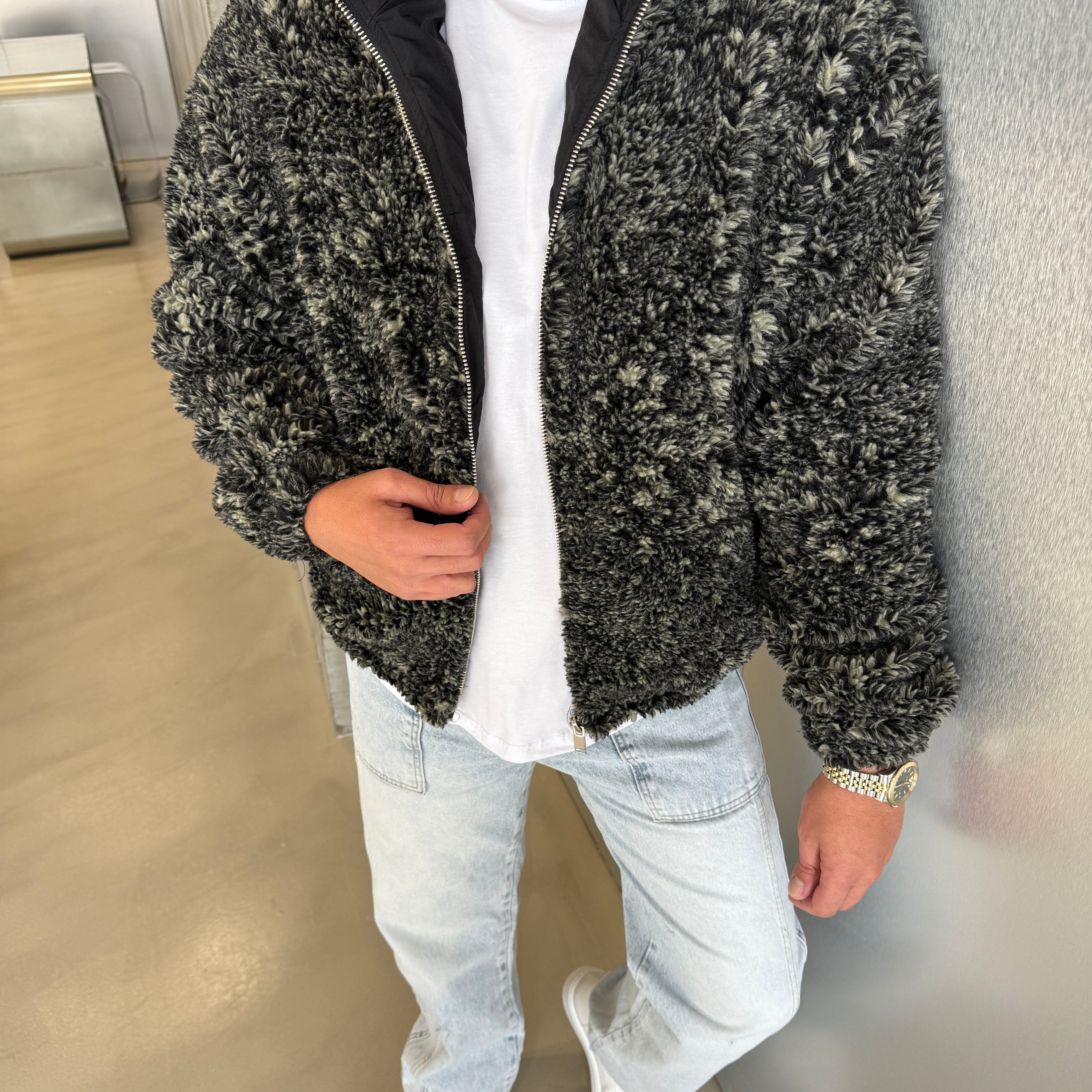 Siyah - Gri Peluş Mont