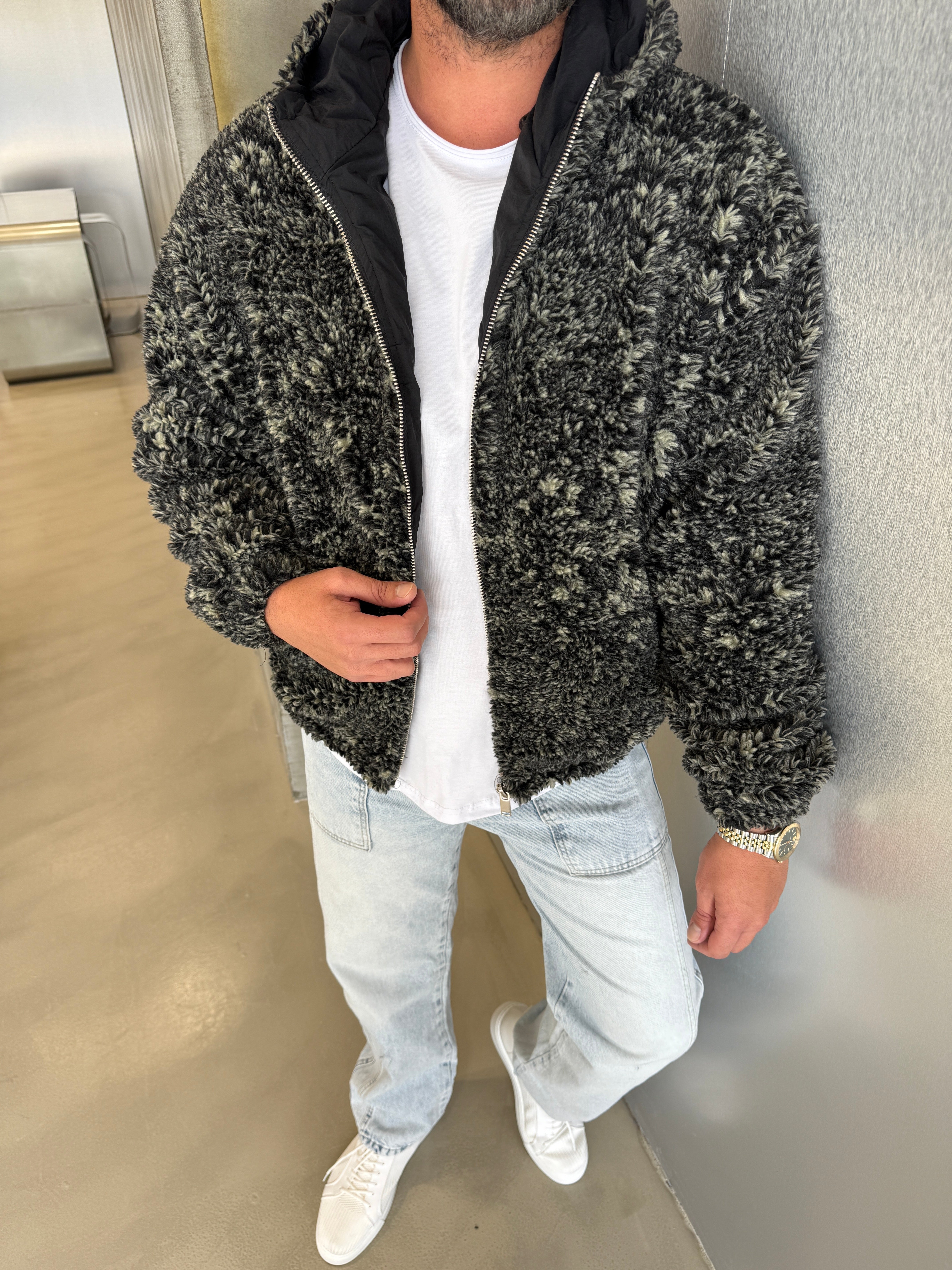 Siyah-Sarı Peluş Mont