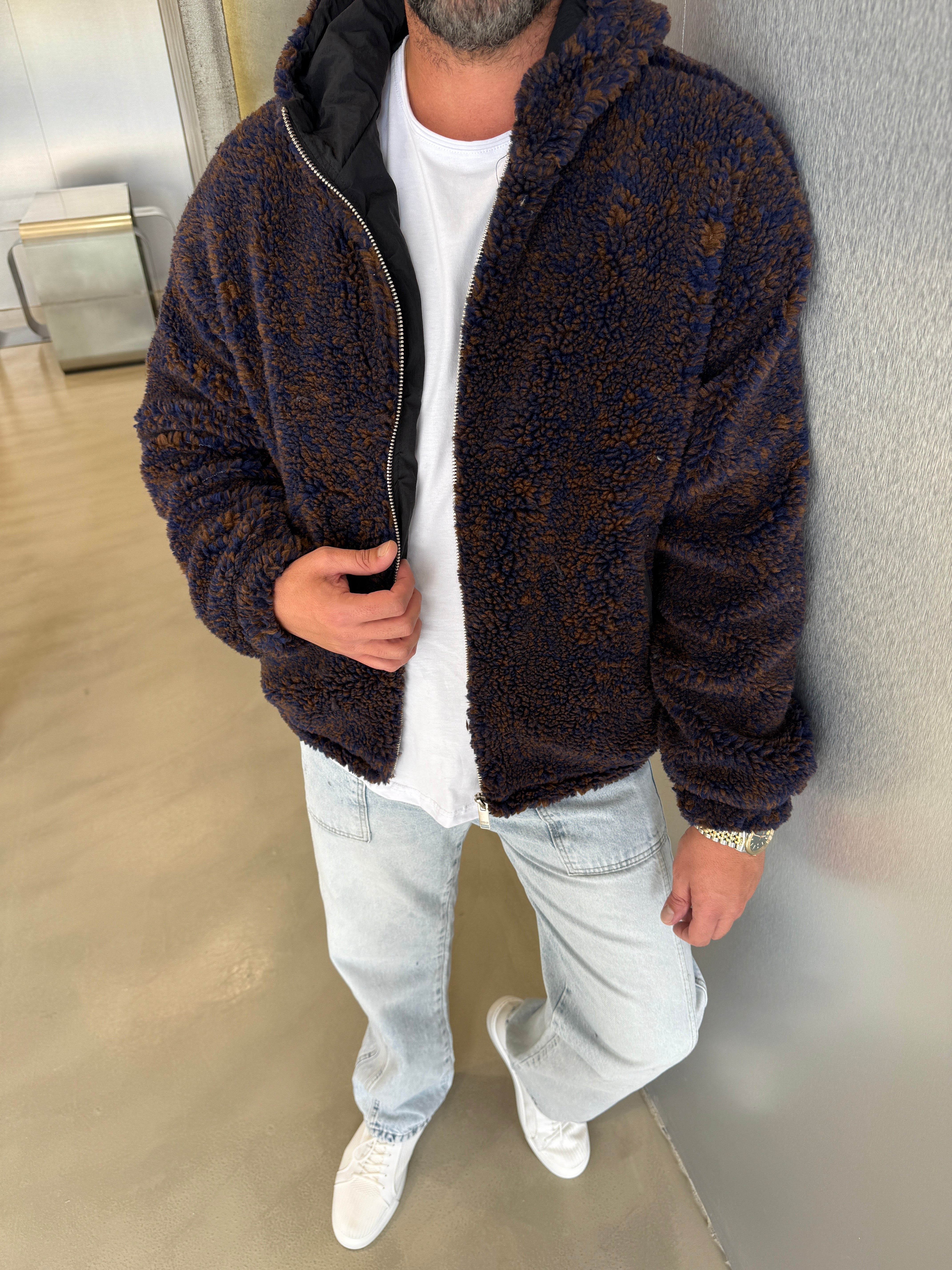 Lacivert-Kahve Peluş Mont