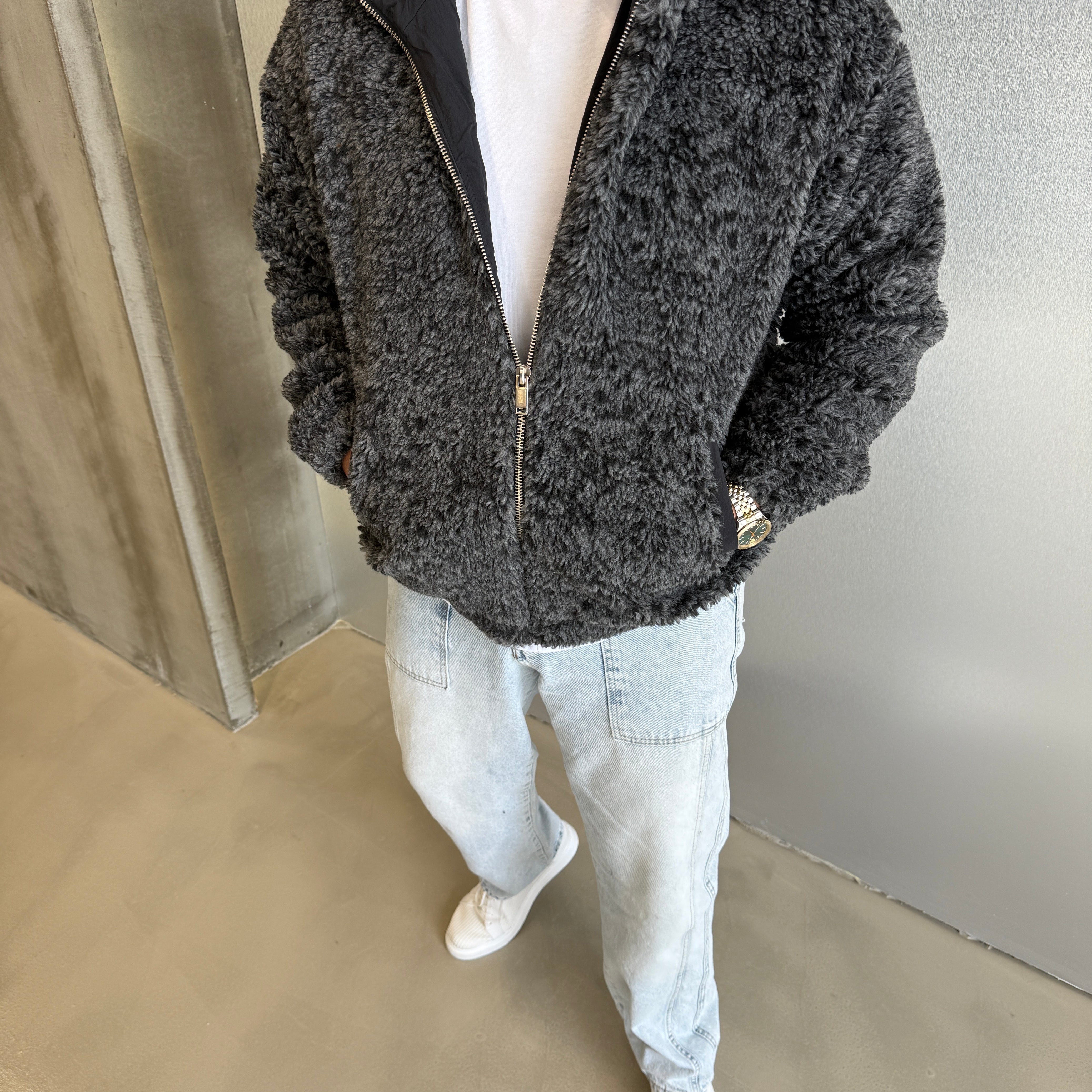Siyah - Gri Peluş Mont