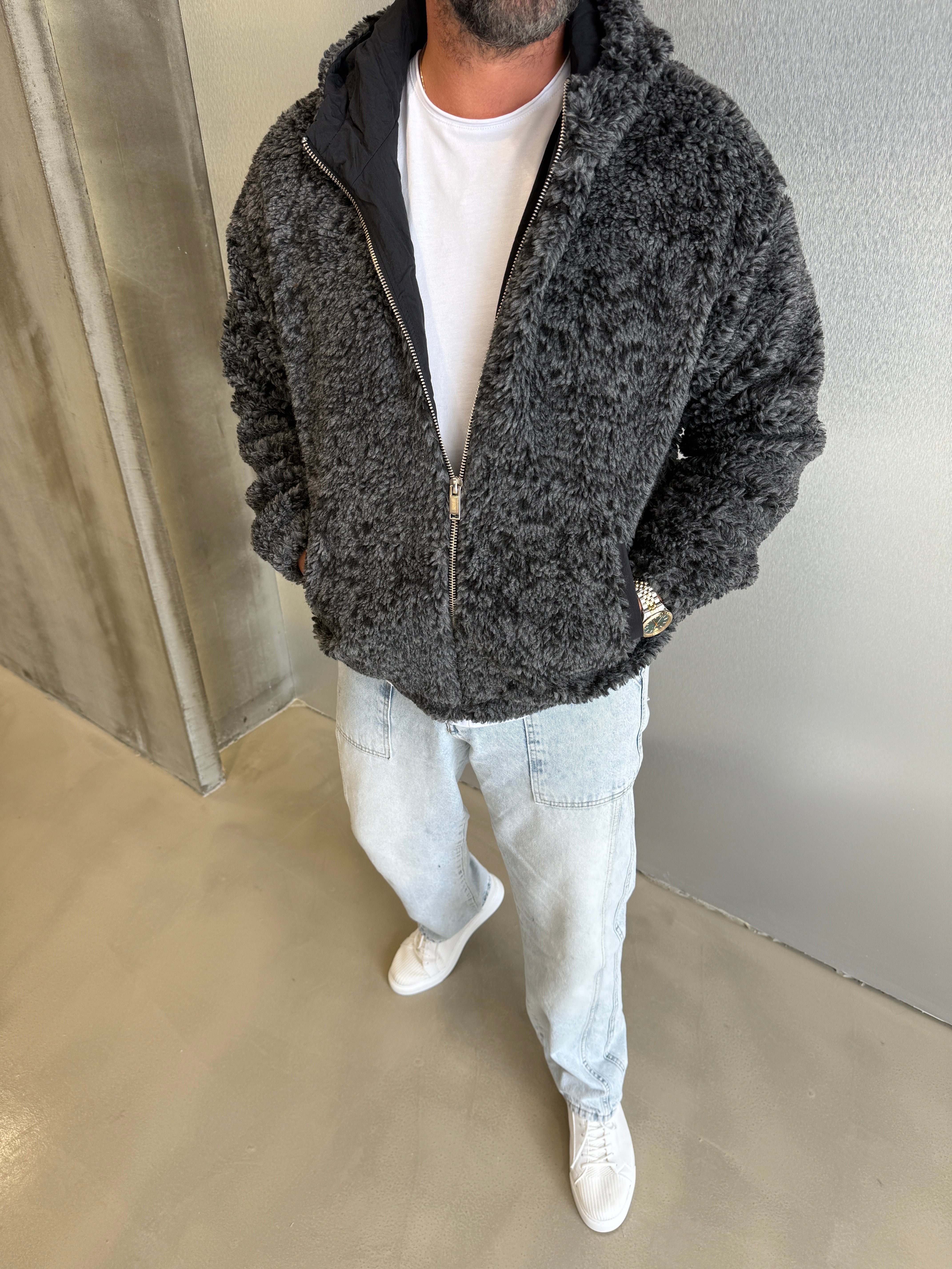 Siyah - Gri Peluş Mont