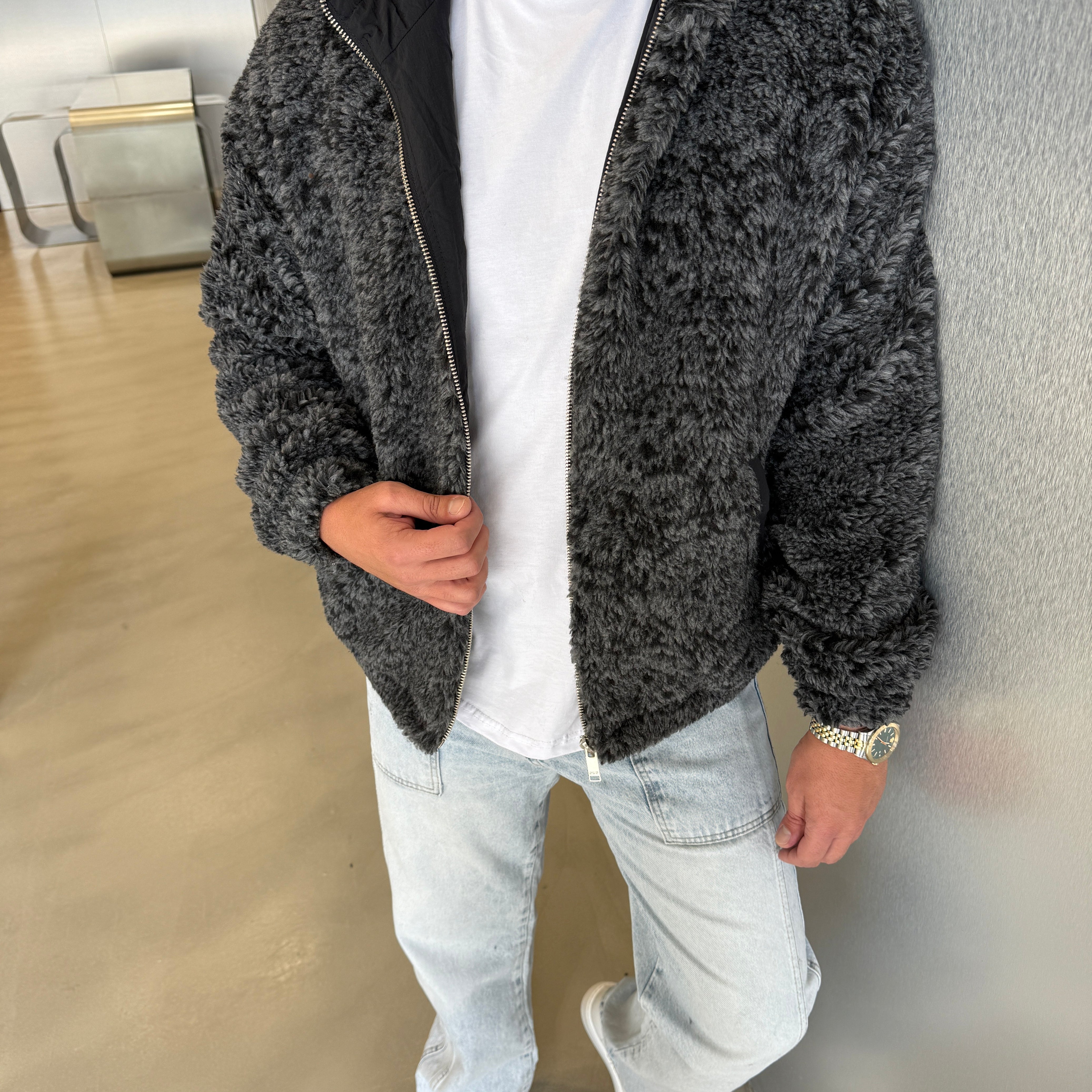 Siyah - Gri Peluş Mont