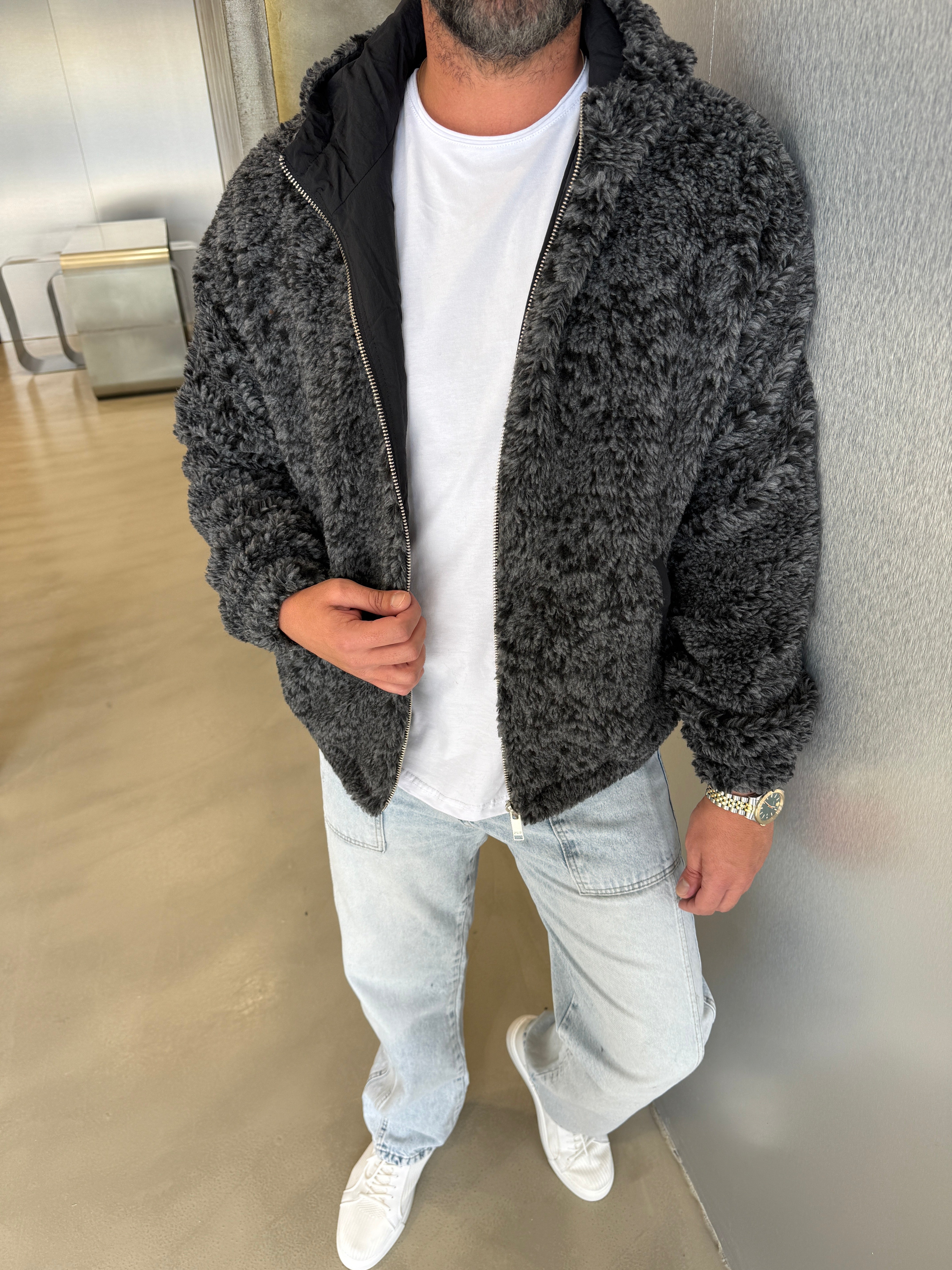 Siyah - Gri Peluş Mont