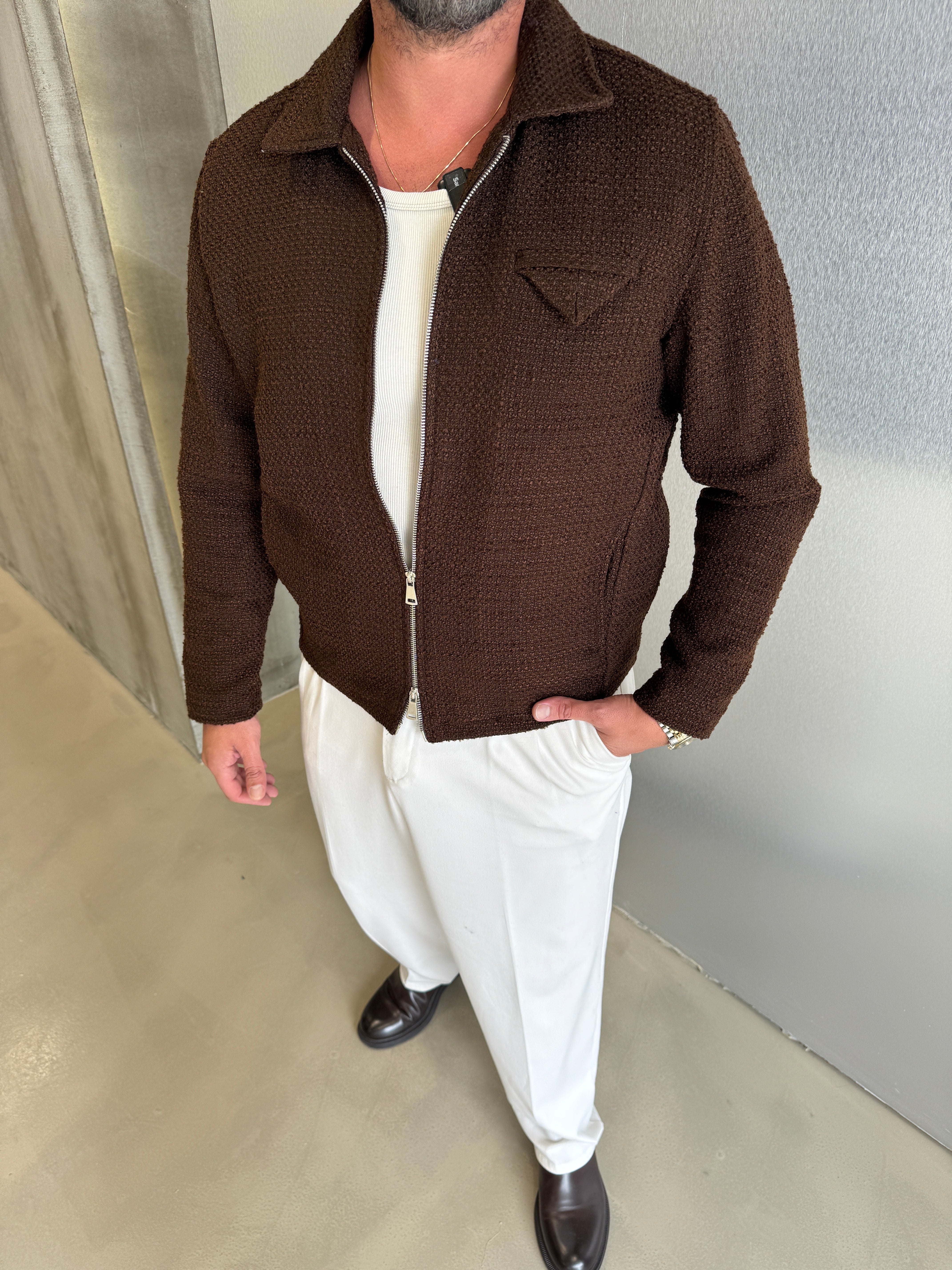 Kahve Buklet Çelik Örme Premium Ceket