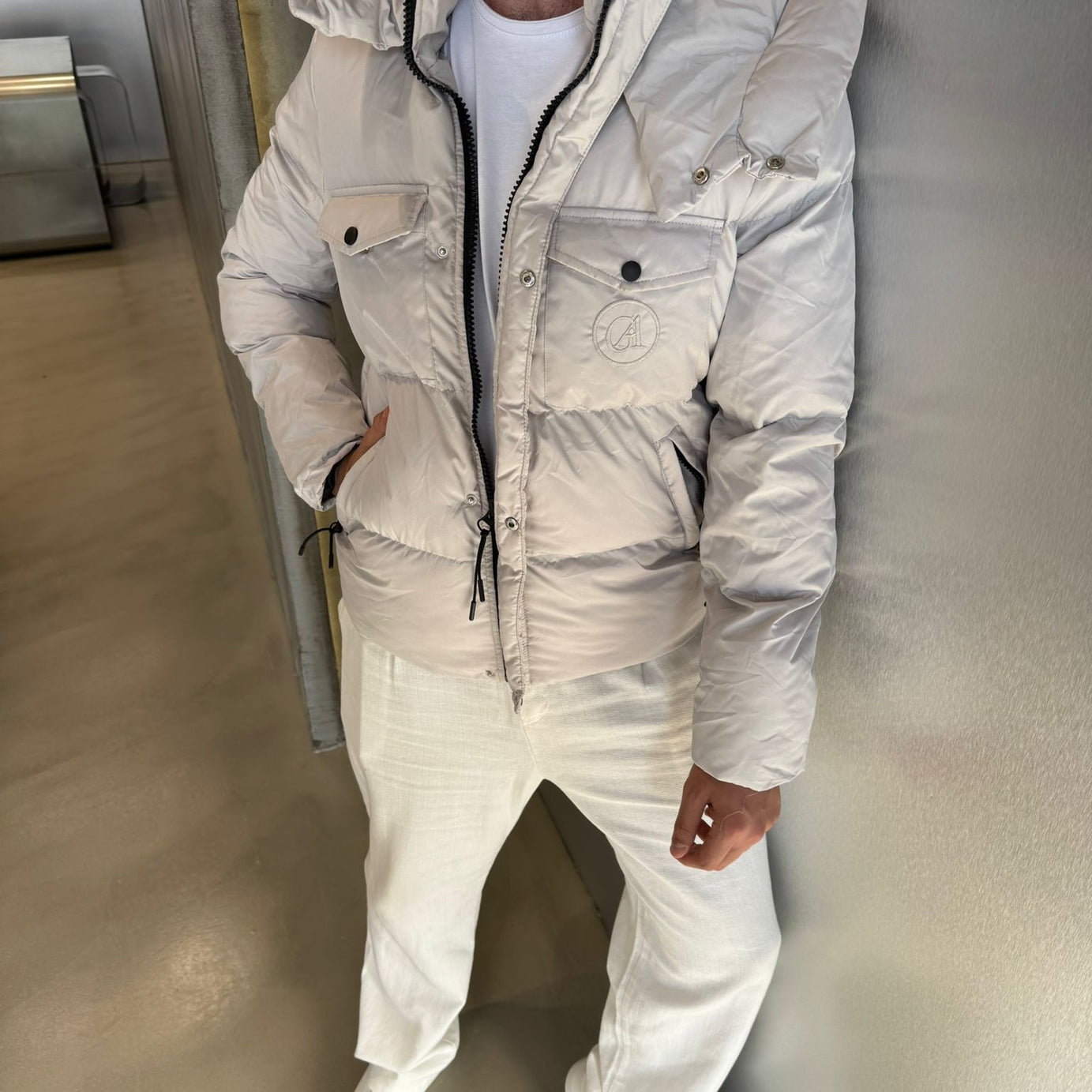 Gri Çift Cepli Şişme Mont