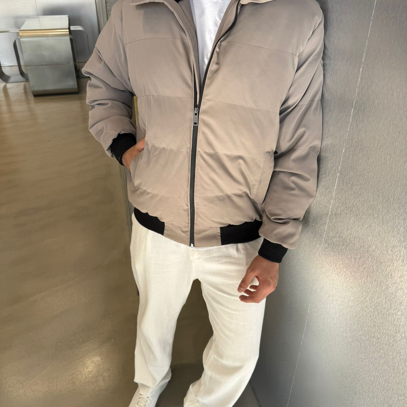 Gri Yaka Kürklü Şişme Mont