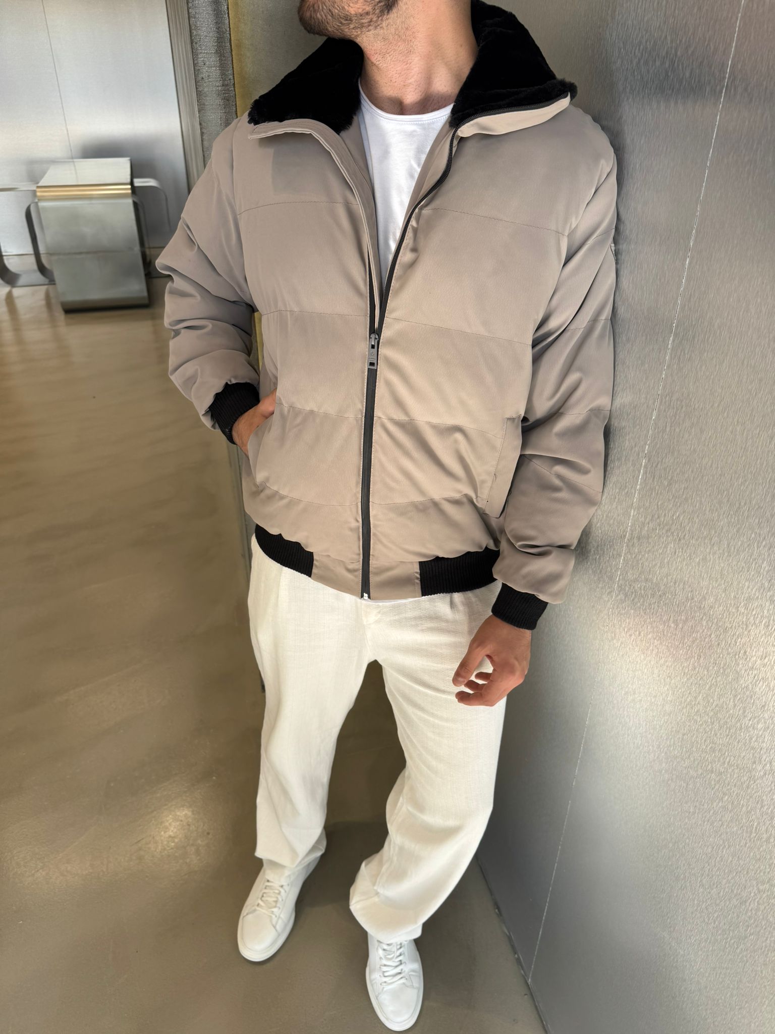 Gri Yaka Kürklü Şişme Mont