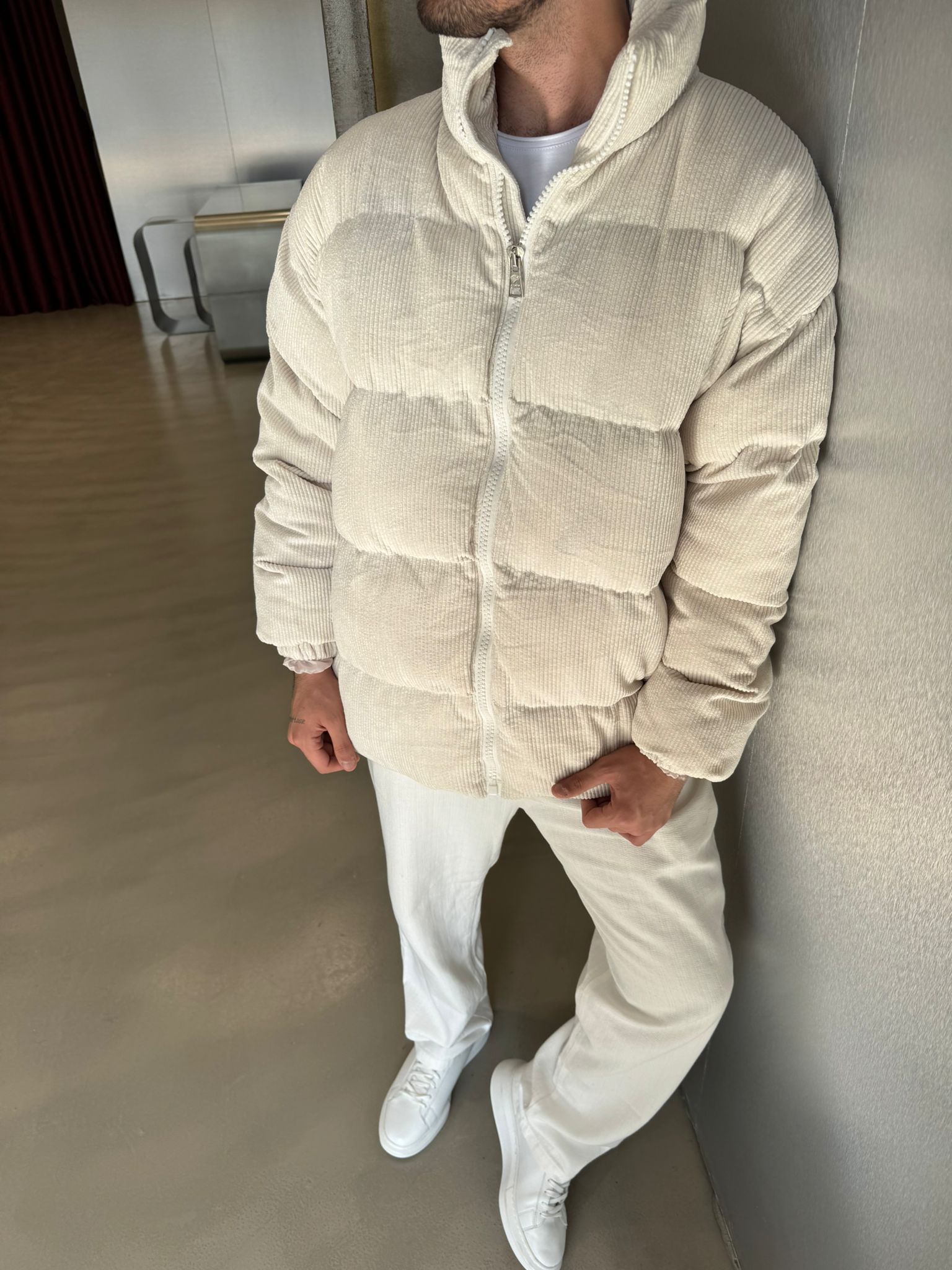 Krem Kadife Şişme Mont