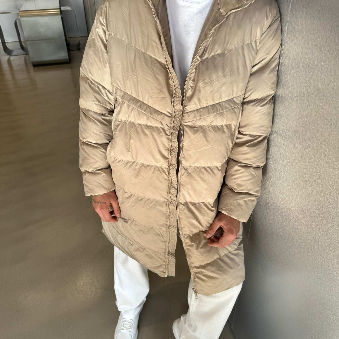 Krem Uzun Şişme Mont