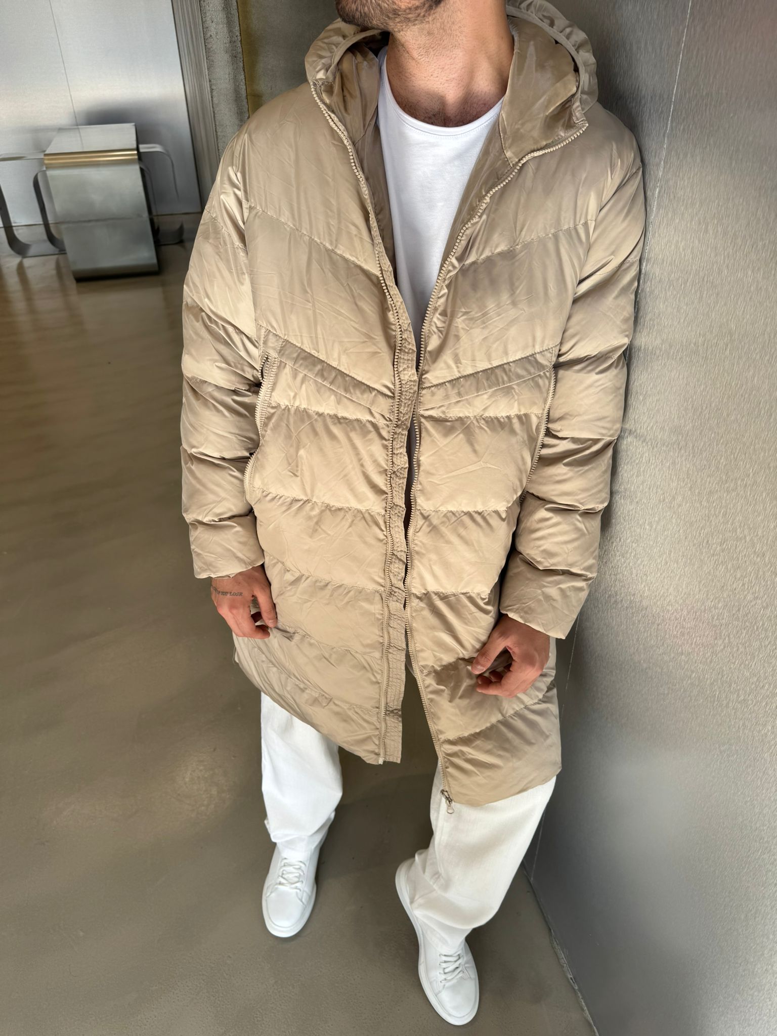 Krem Uzun Şişme Mont