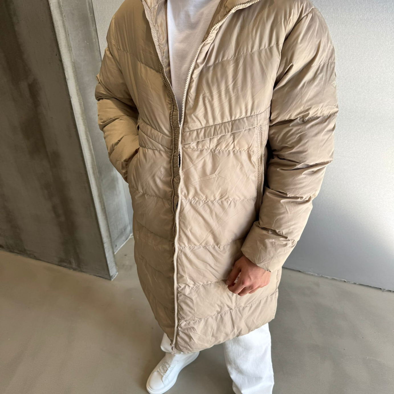 Krem Uzun Şişme Mont