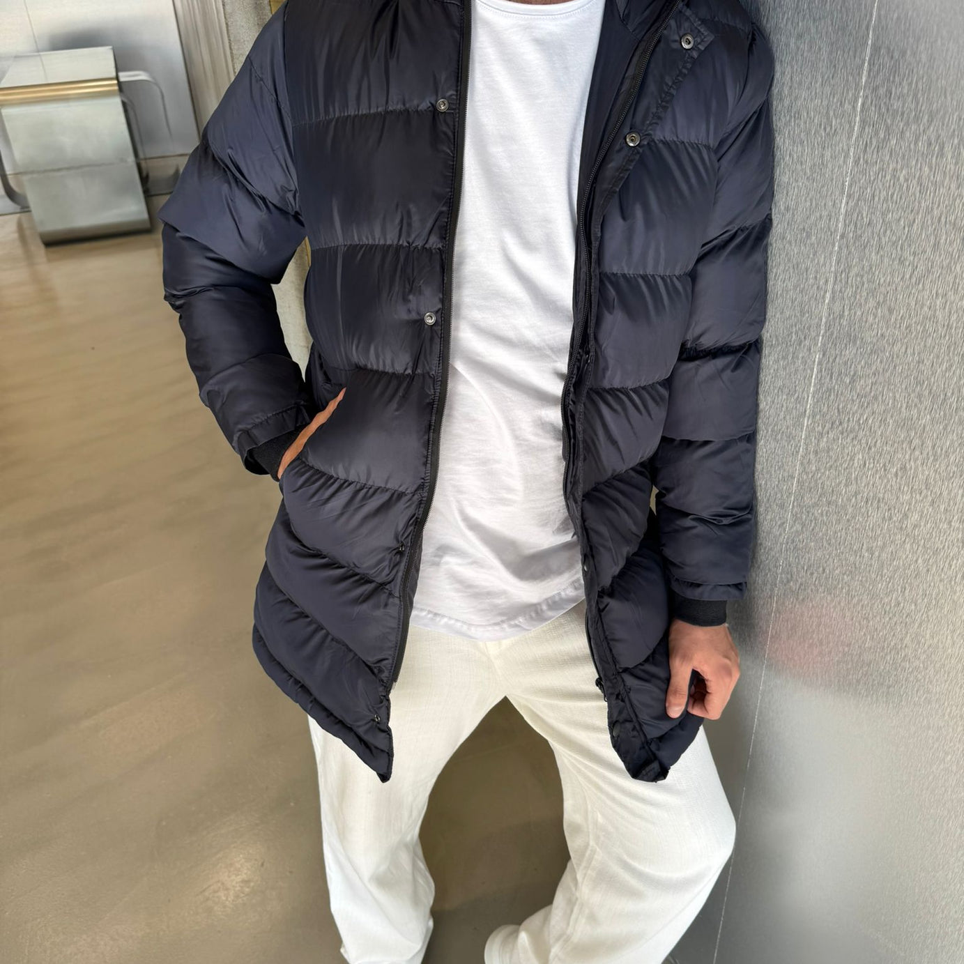 Lacivert Uzun Şişme Mont