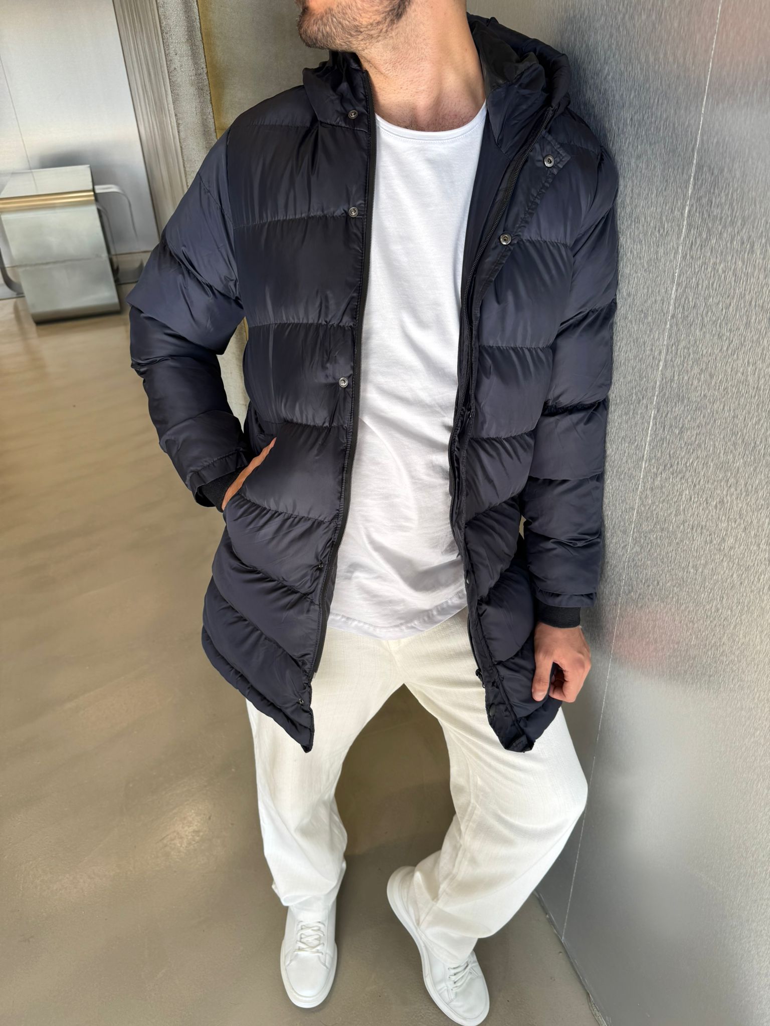 Lacivert Uzun Şişme Mont