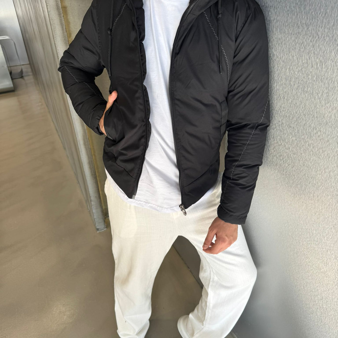 Siyah Gabardin Şişme Mont