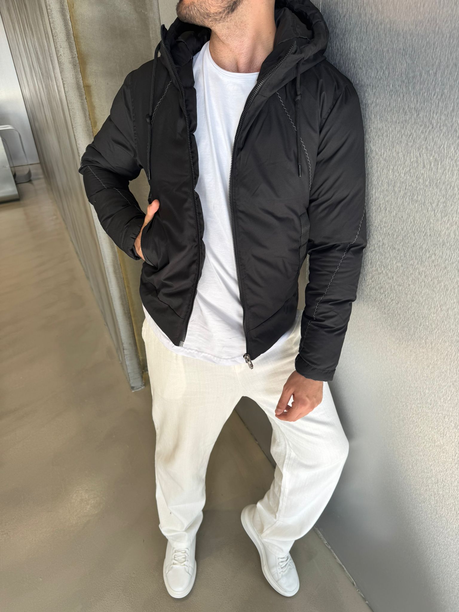 Siyah Gabardin Şişme Mont