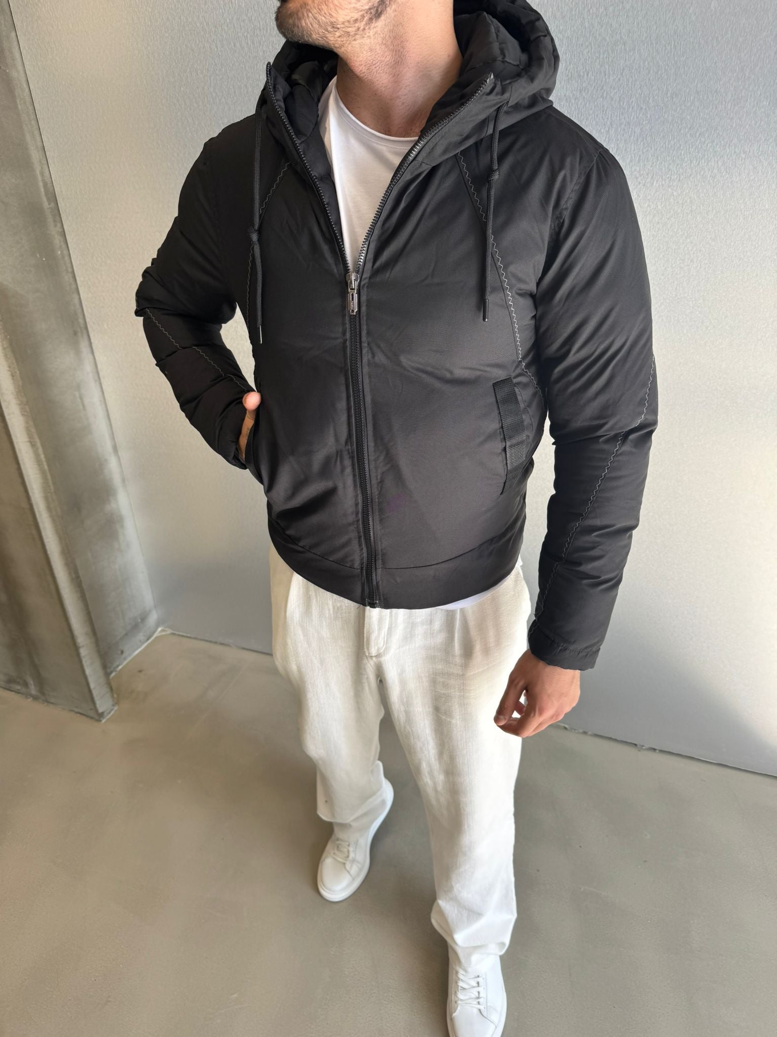 Siyah Gabardin Şişme Mont