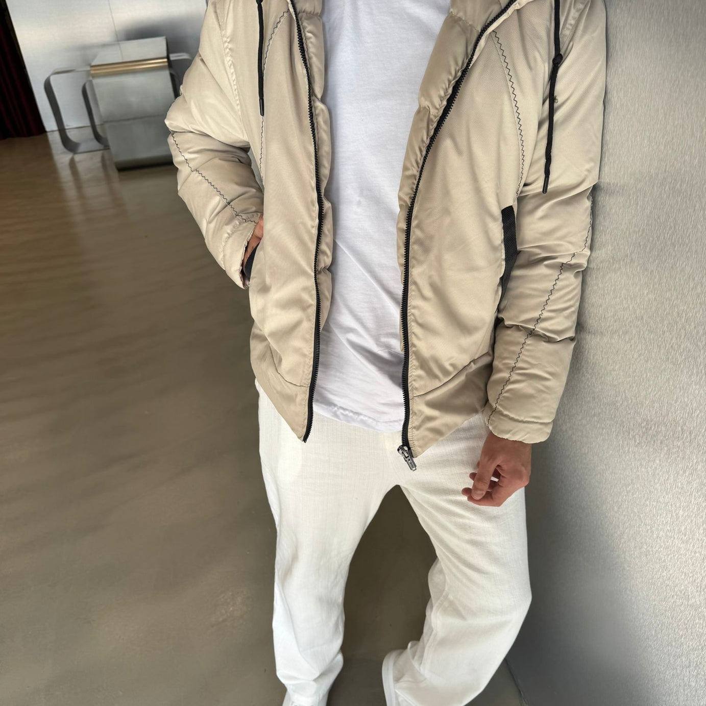 Krem Gabardin Şişme Mont