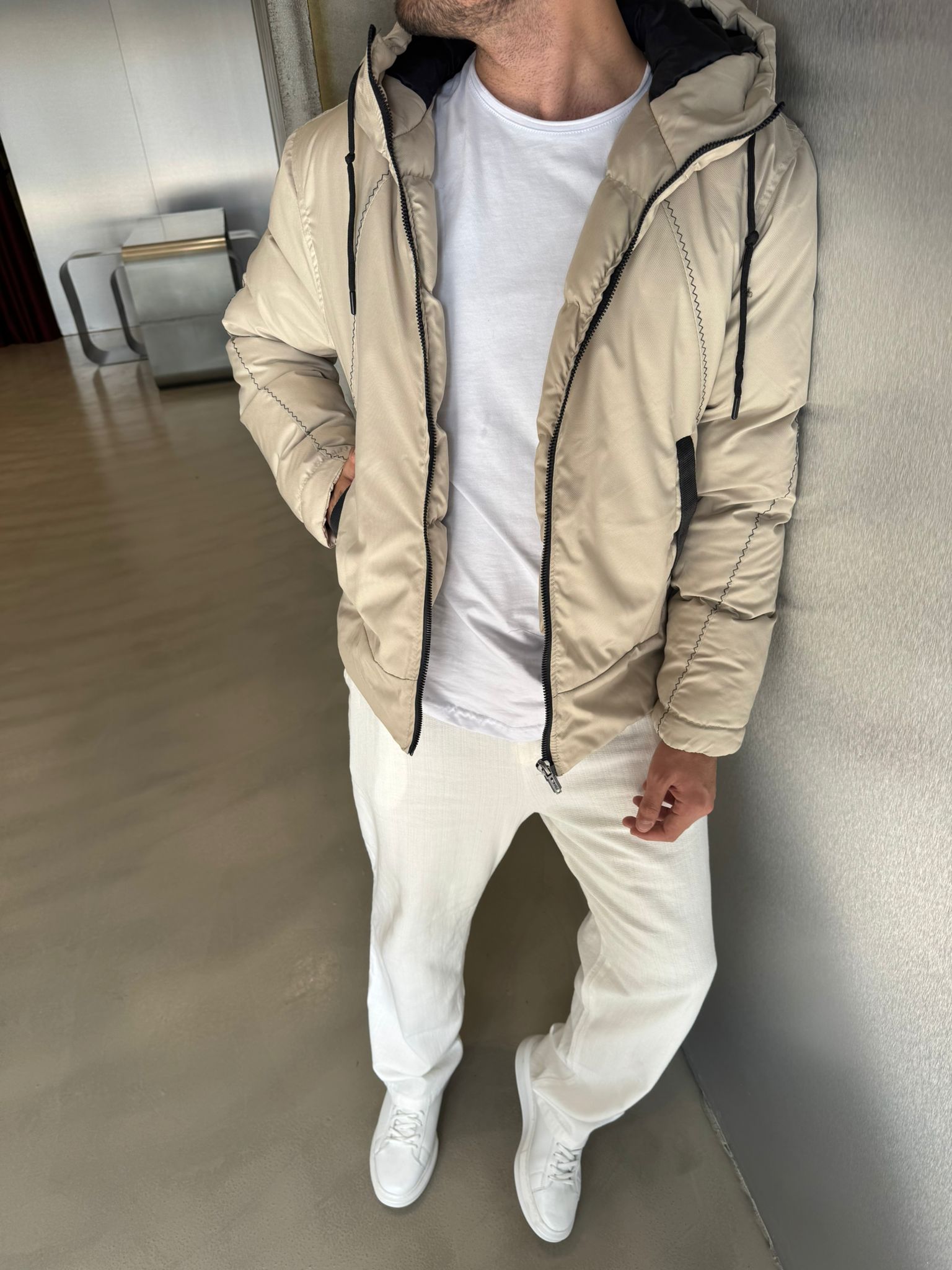 Krem Gabardin Şişme Mont