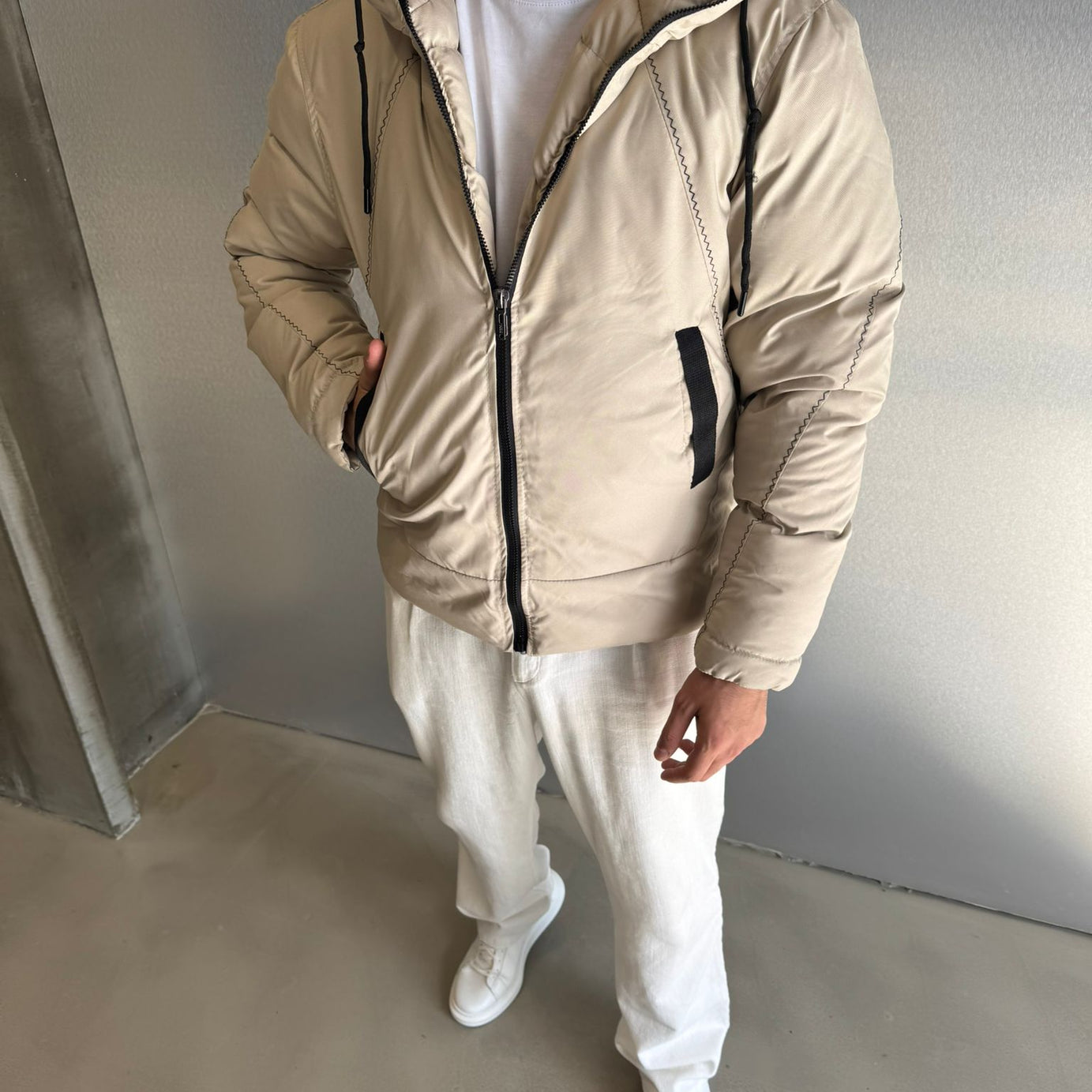 Krem Gabardin Şişme Mont