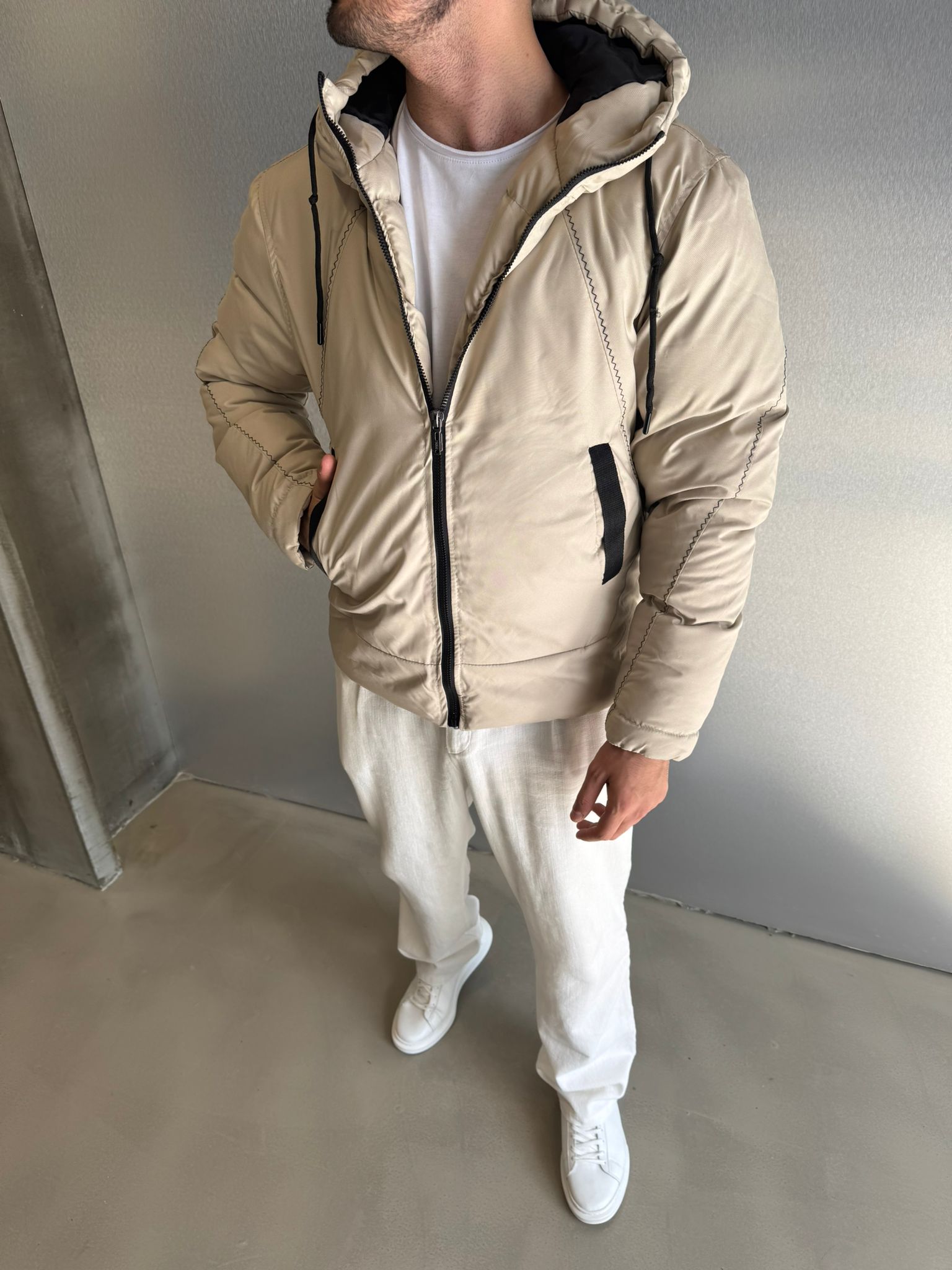 Krem Gabardin Şişme Mont