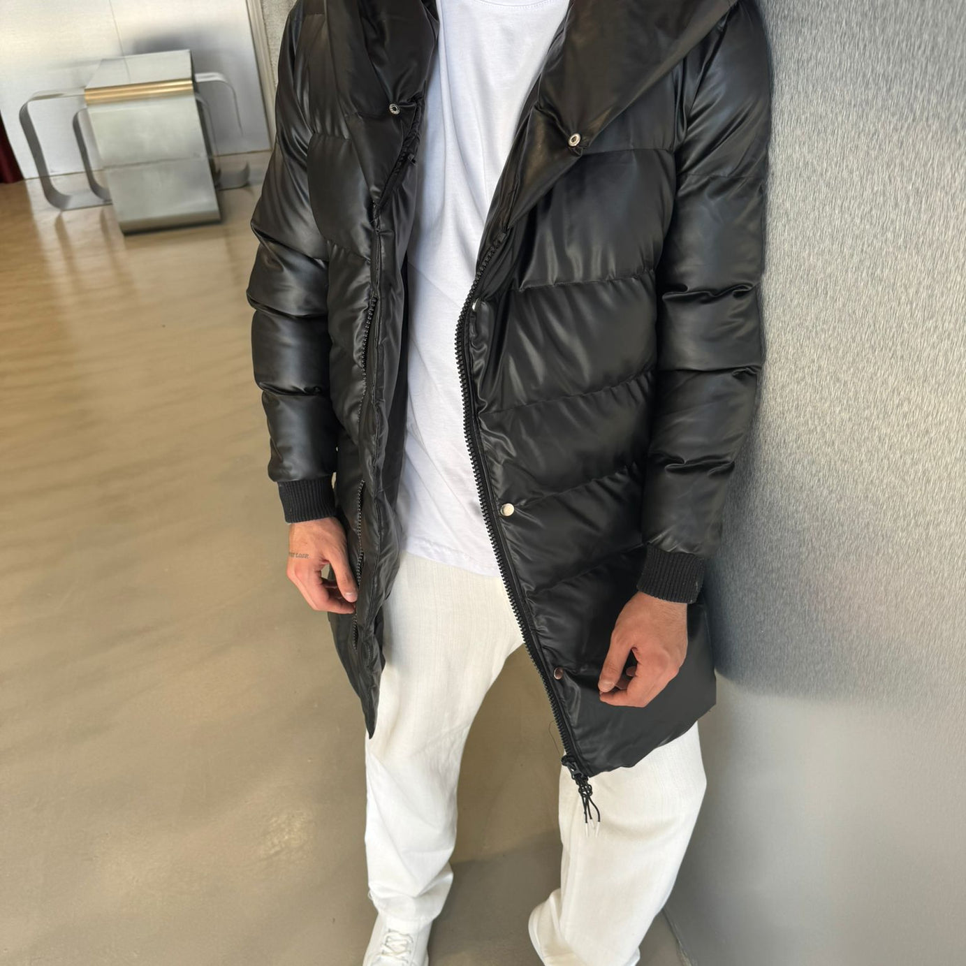 Siyah Uzun Premium Deri Mont