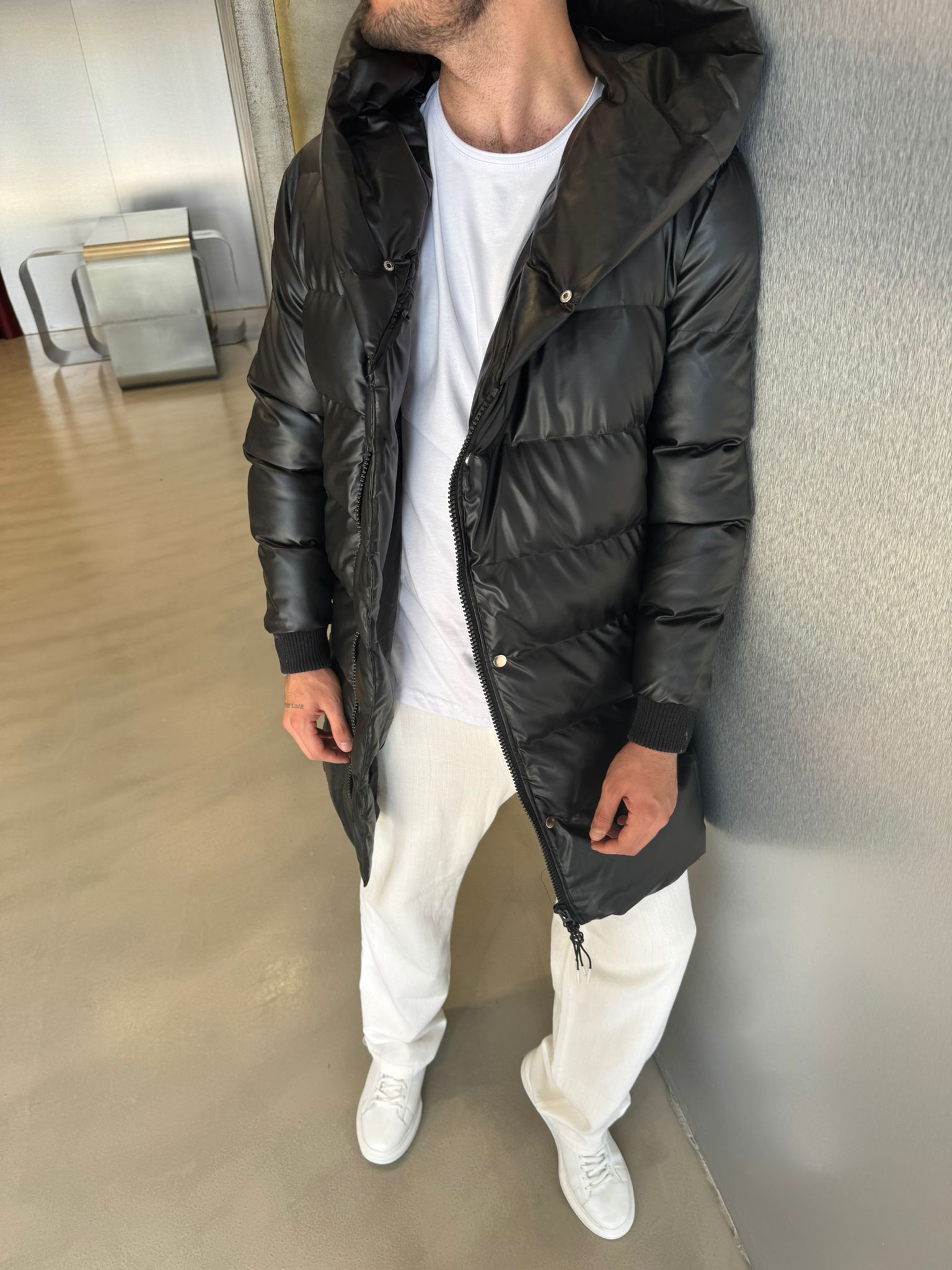 Siyah Uzun Premium Deri Mont