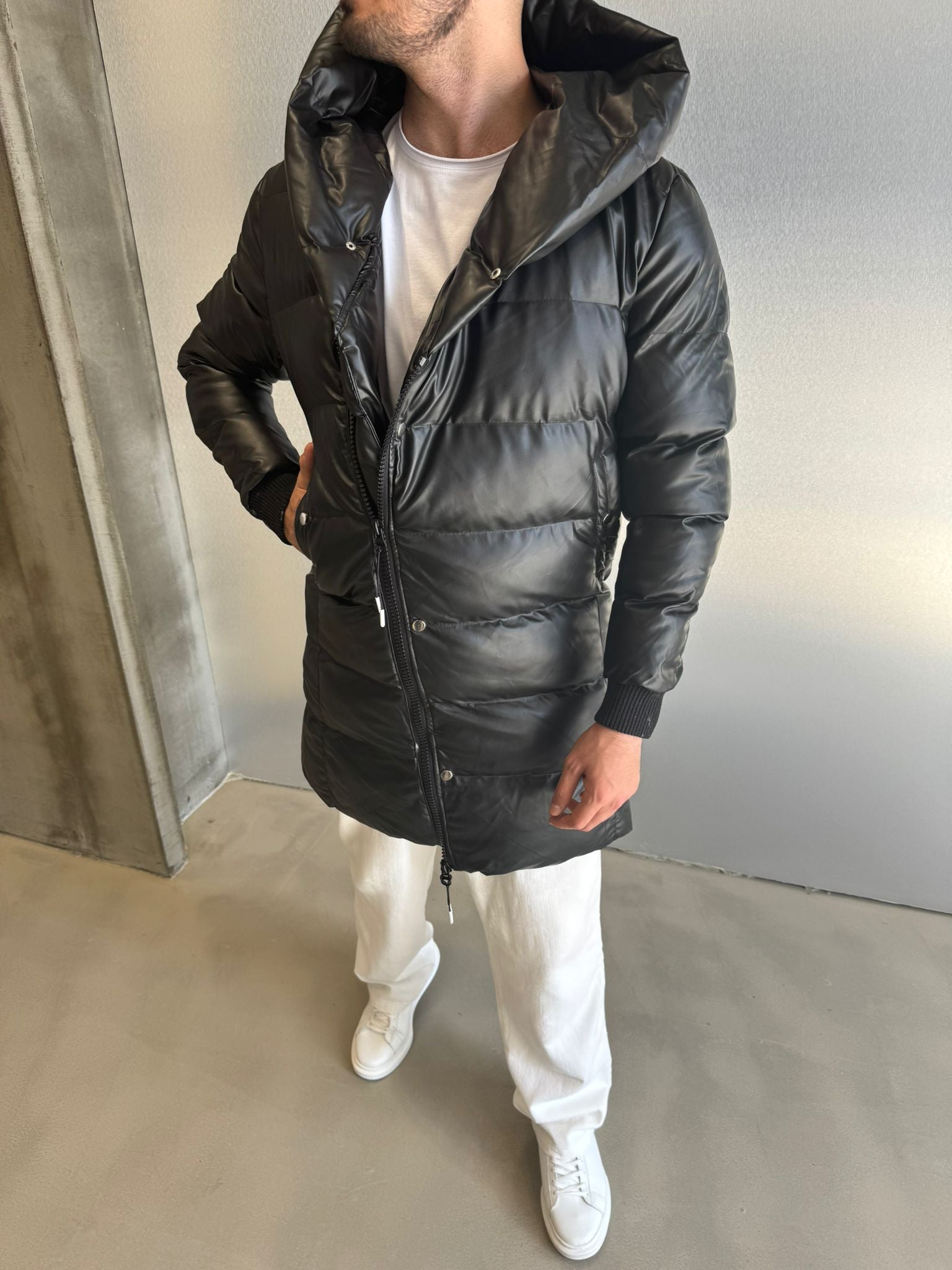 Siyah Uzun Premium Deri Mont