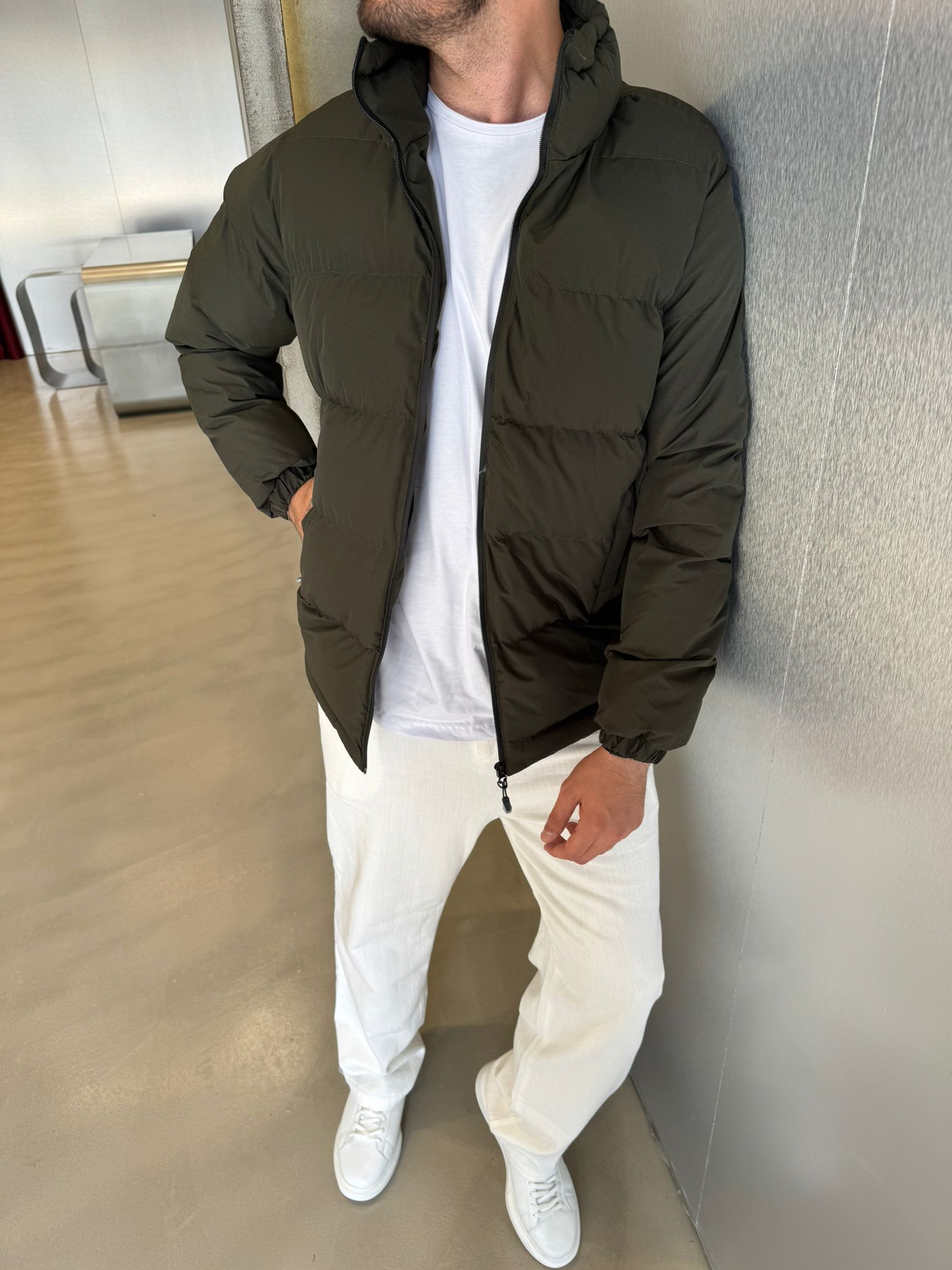 Haki Yakalı Şişme Mont