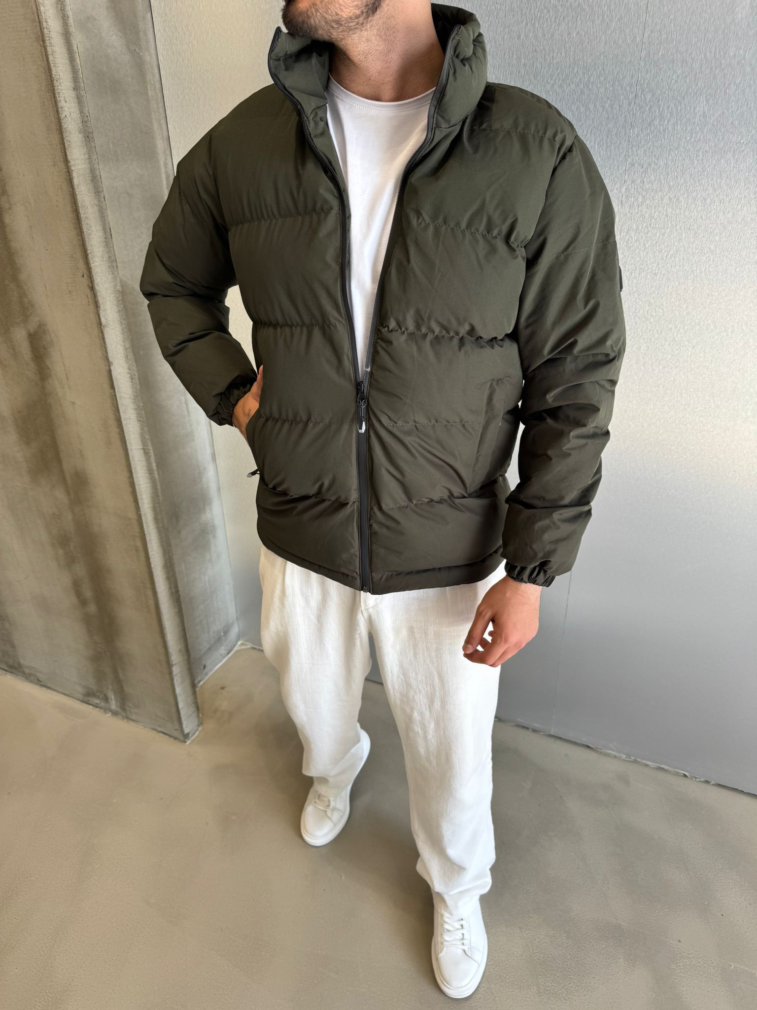 Haki Yakalı Şişme Mont