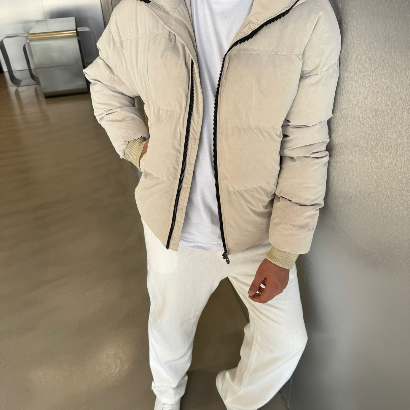 Krem Dokulu Şişme Mont