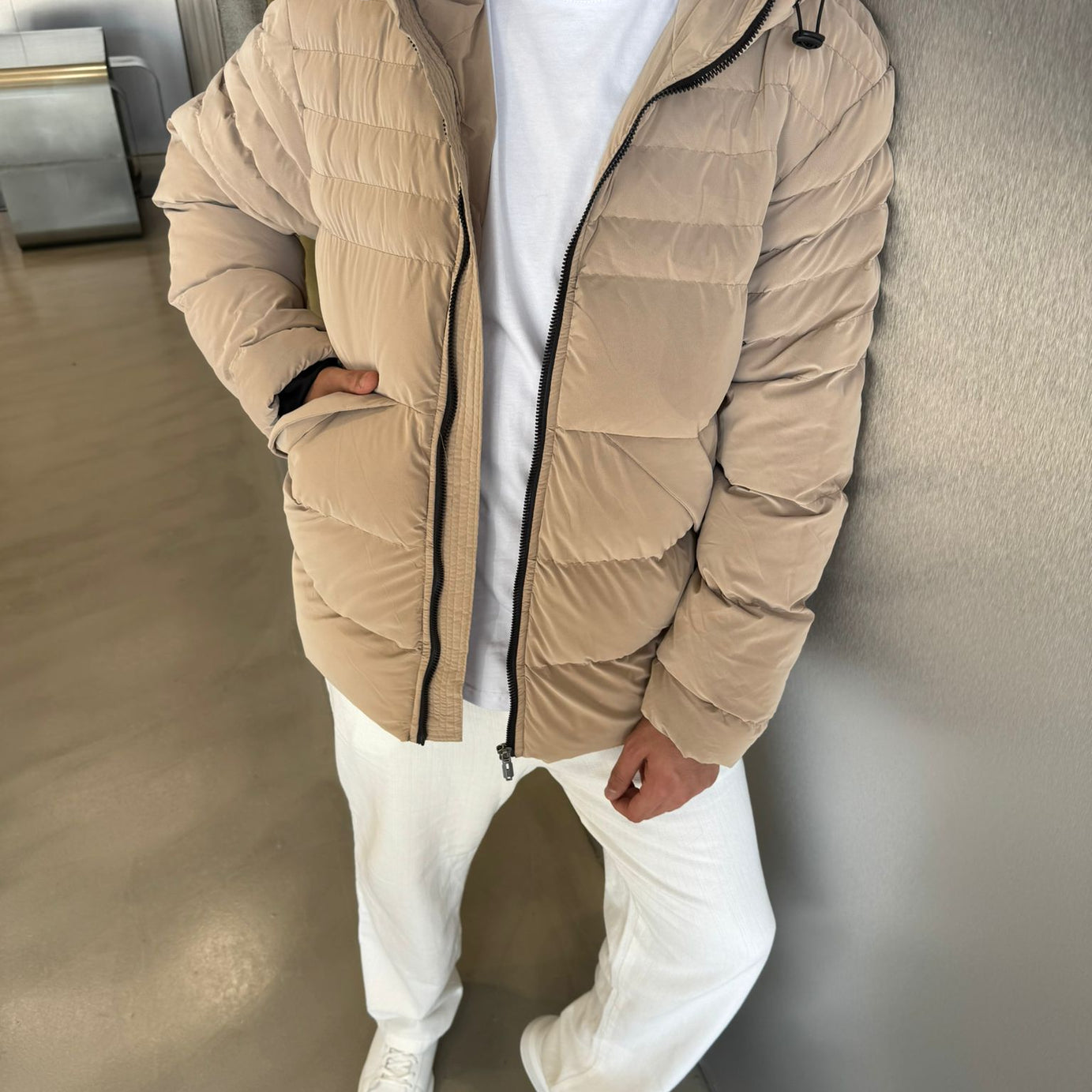 Krem Nova Kumaş Kapüşonlu Mont