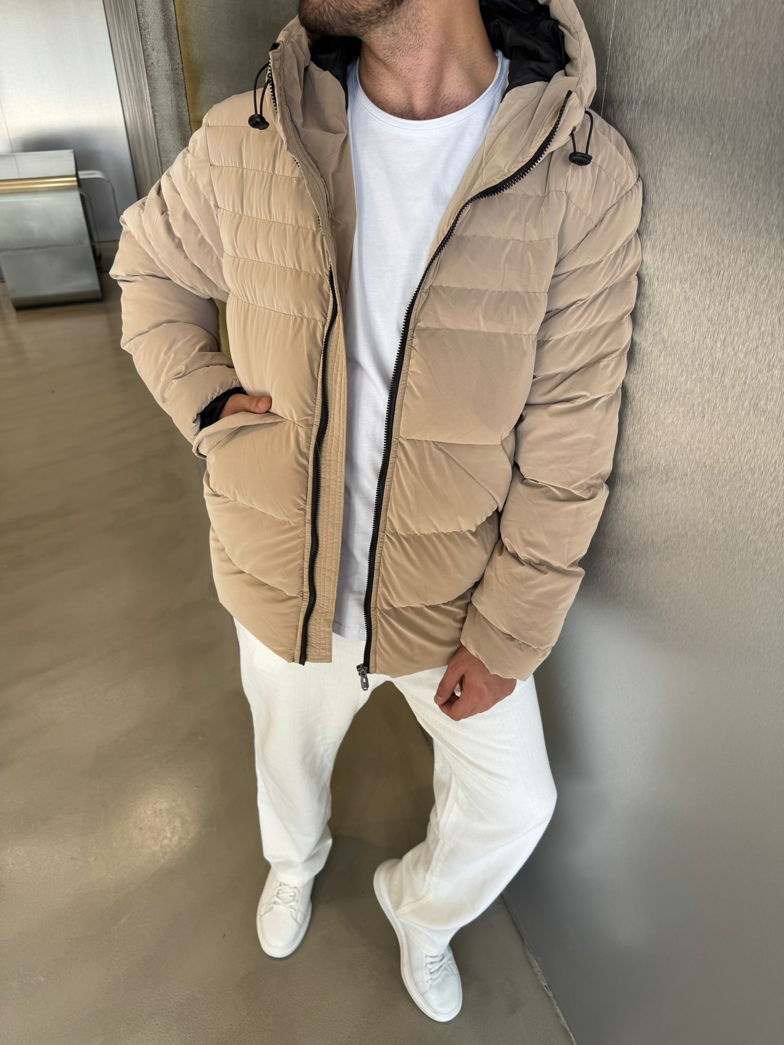 Krem Nova Kumaş Kapüşonlu Mont