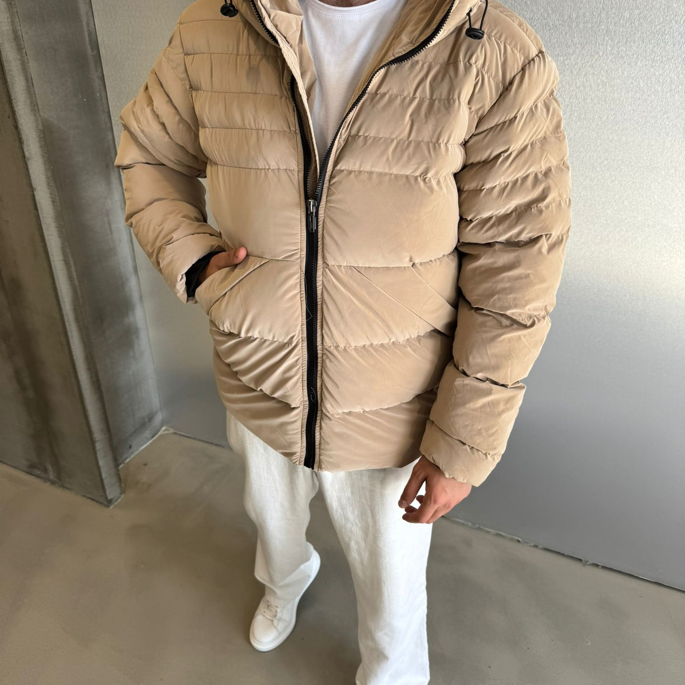 Krem Nova Kumaş Kapüşonlu Mont
