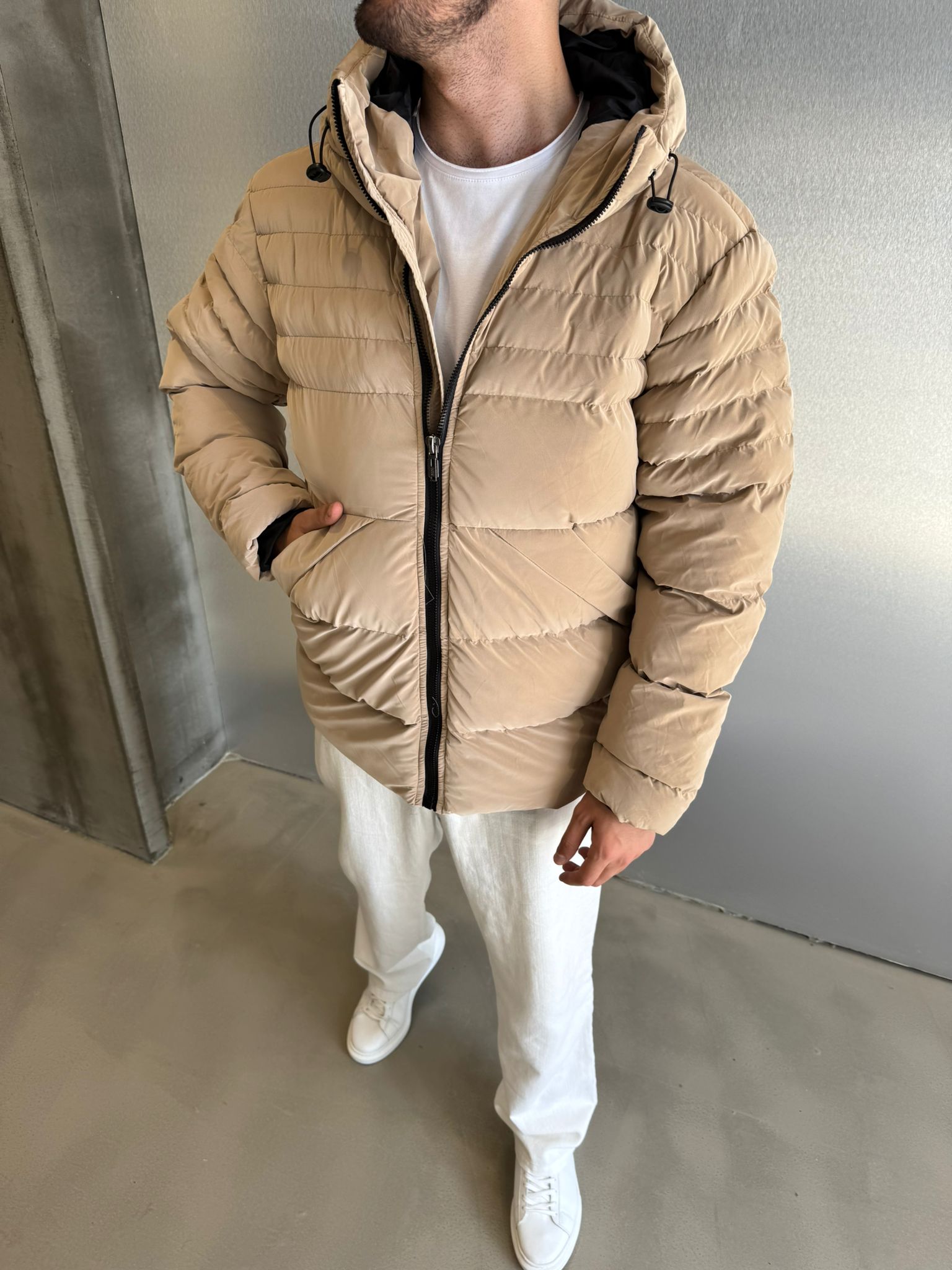 Krem Nova Kumaş Kapüşonlu Mont