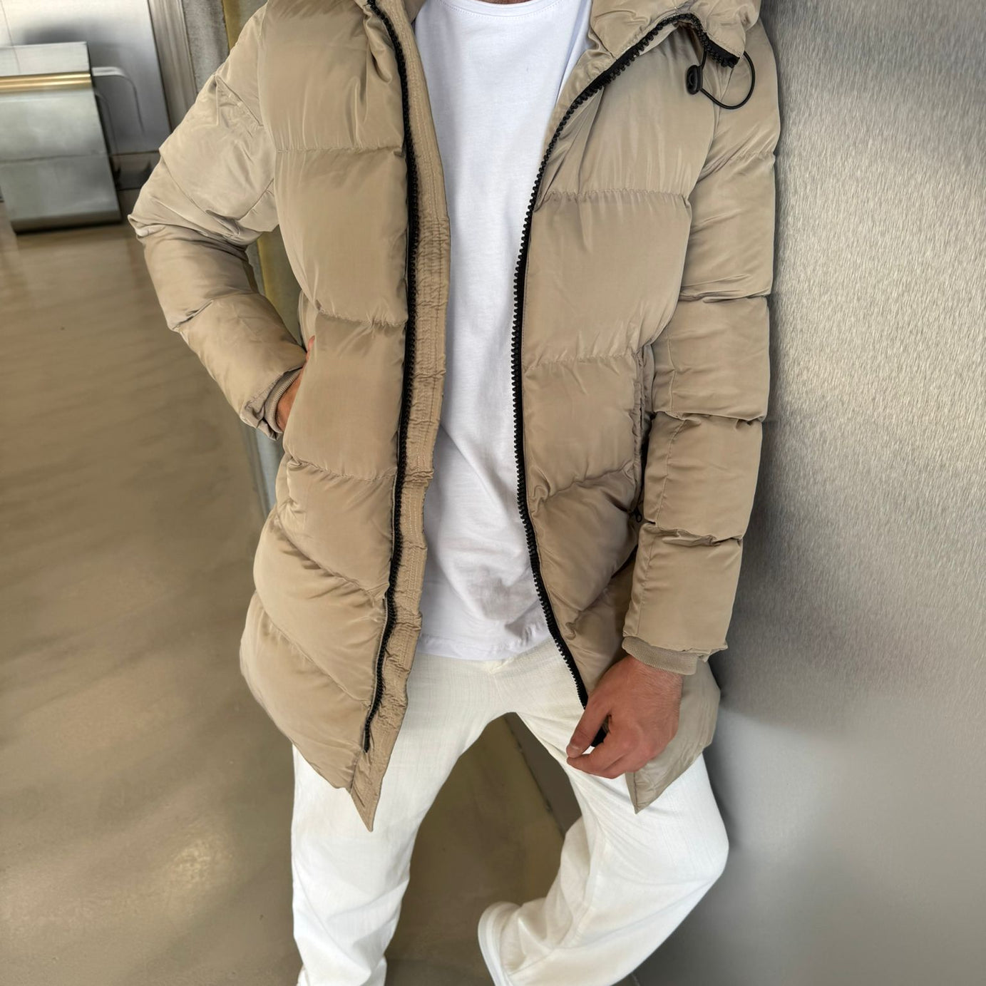 Krem Uzun Premium Şişme Mont