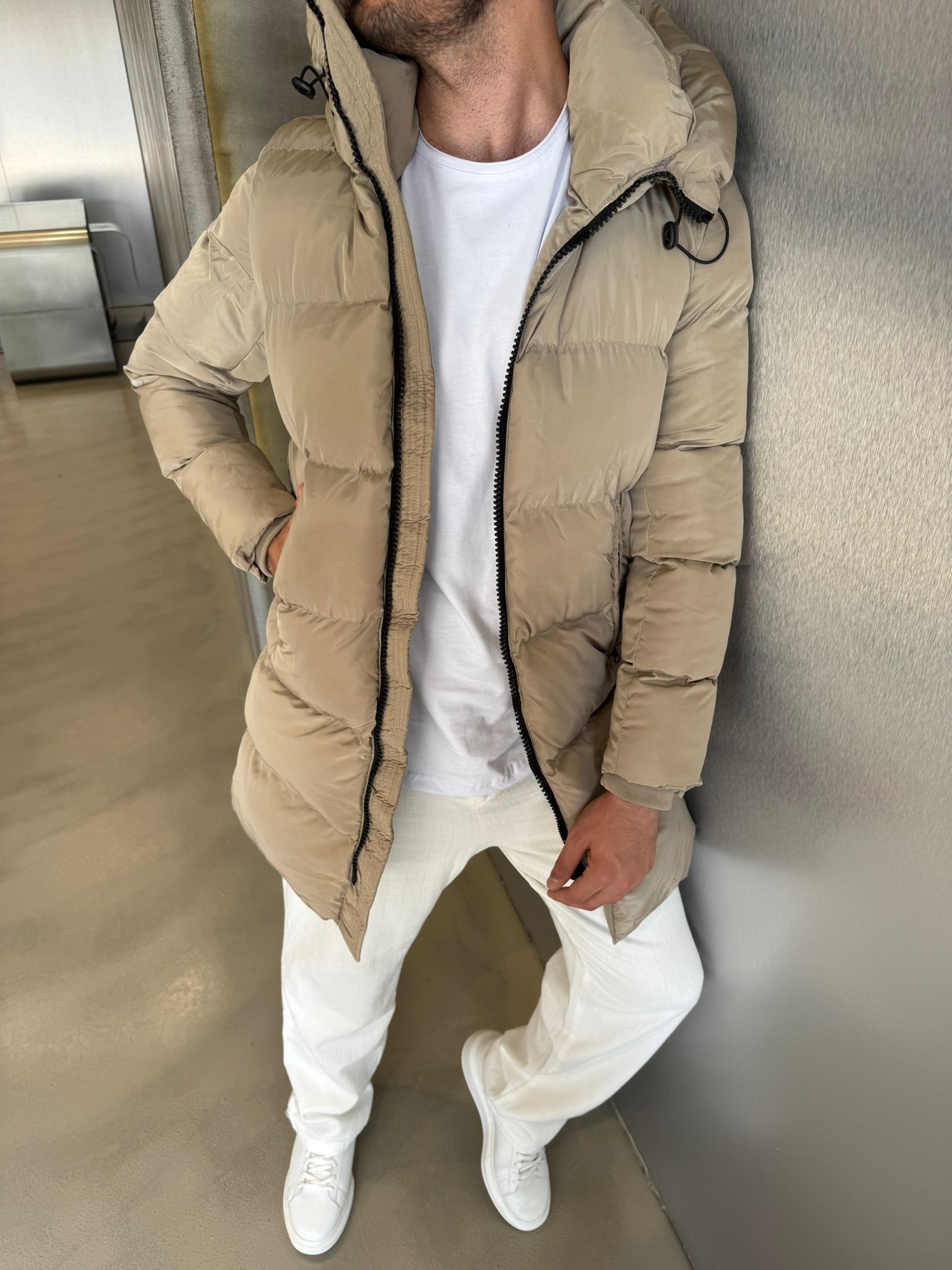 Krem Uzun Premium Şişme Mont