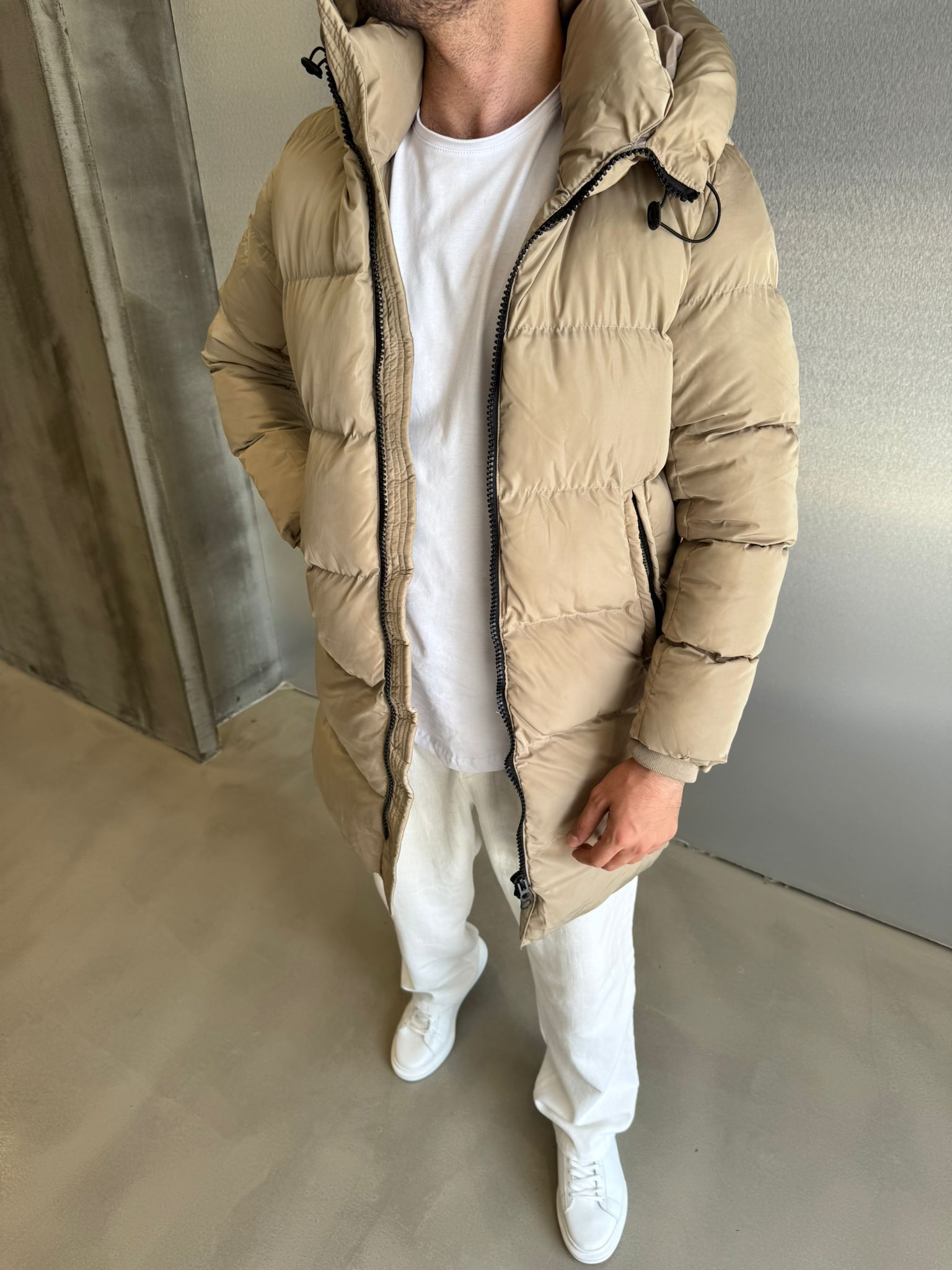 Krem Uzun Premium Şişme Mont