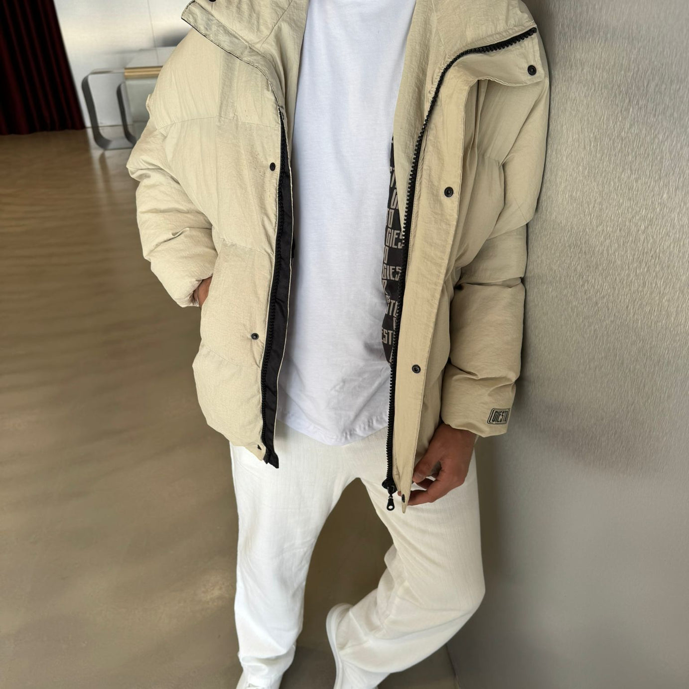 Krem Oversize Şişme Mont