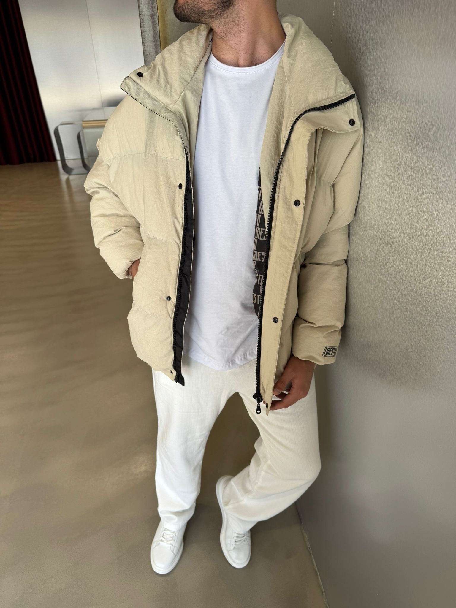 Krem Oversize Şişme Mont