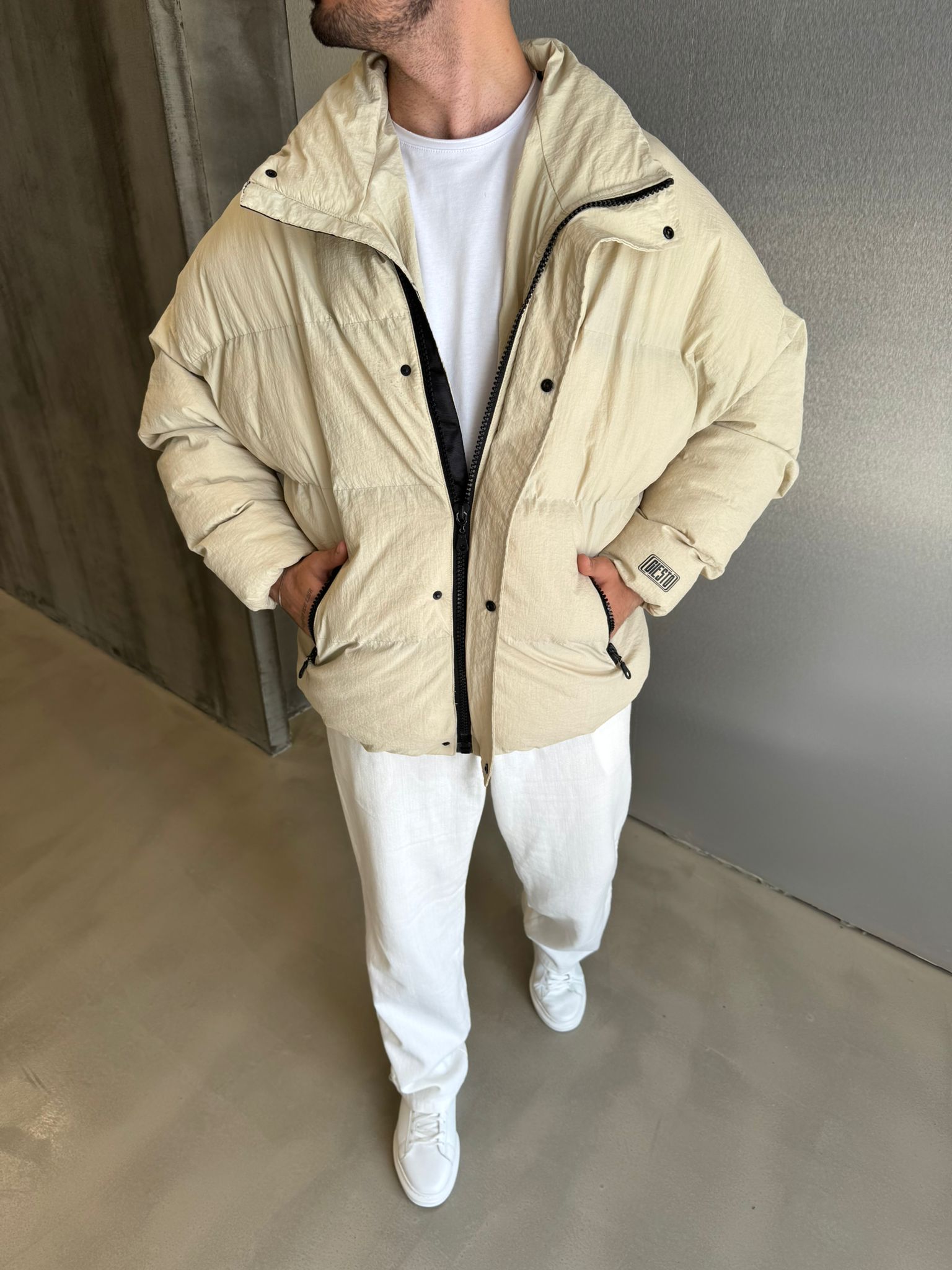 Krem Oversize Şişme Mont