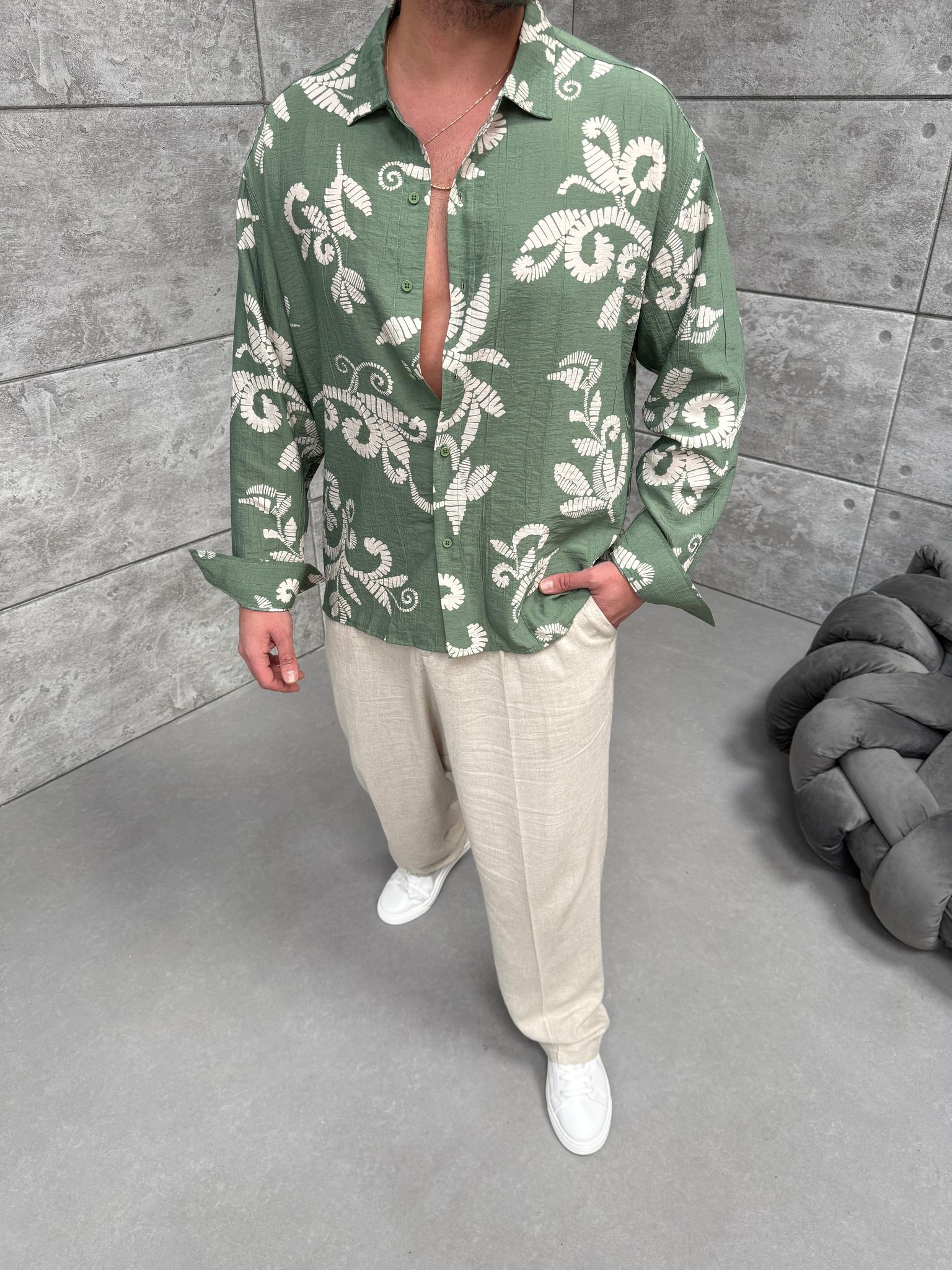 Haki Desenli Keten Gömlek